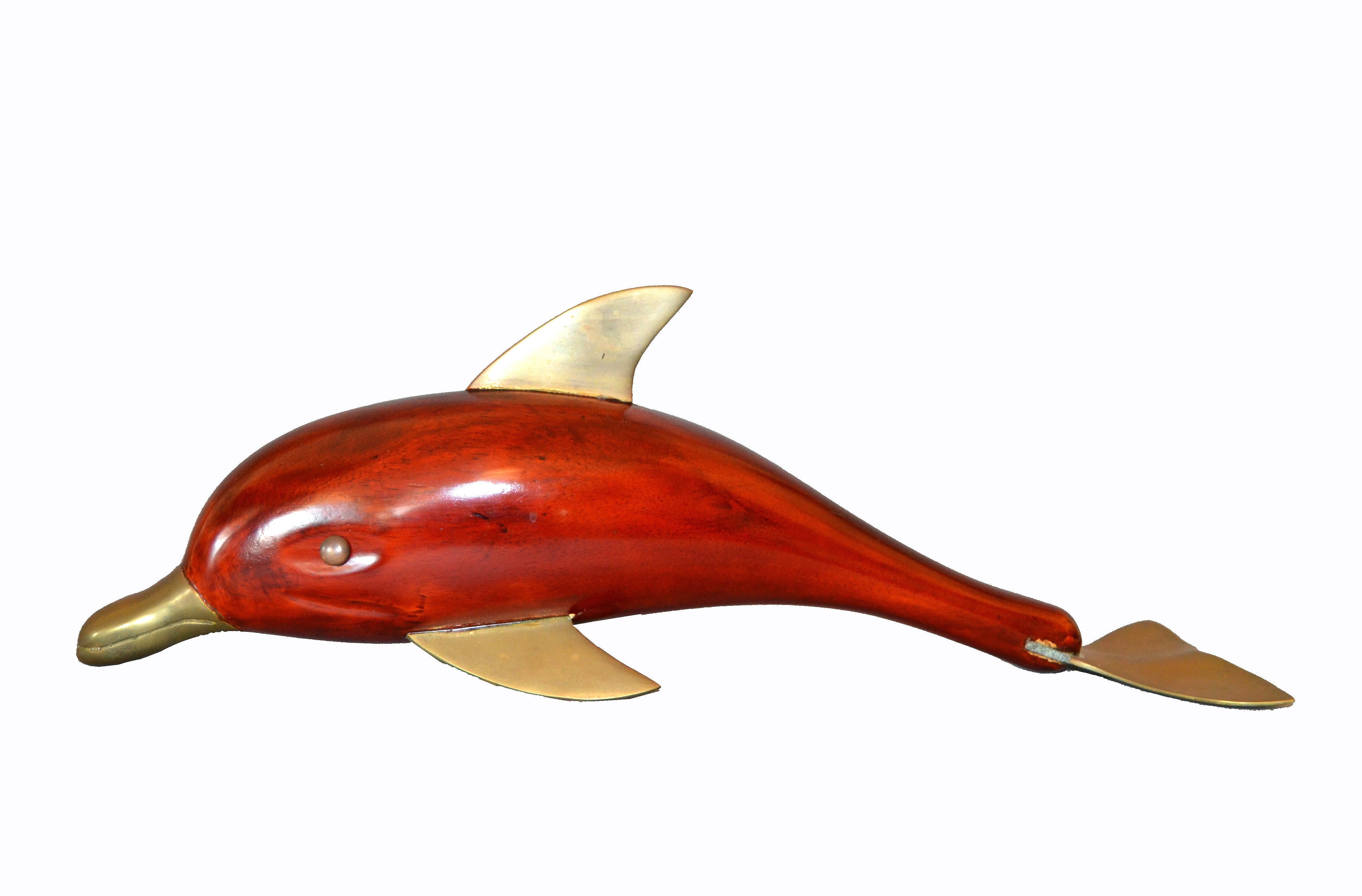 American Midcentury Brass and Rosewood Dolphin Sculpture