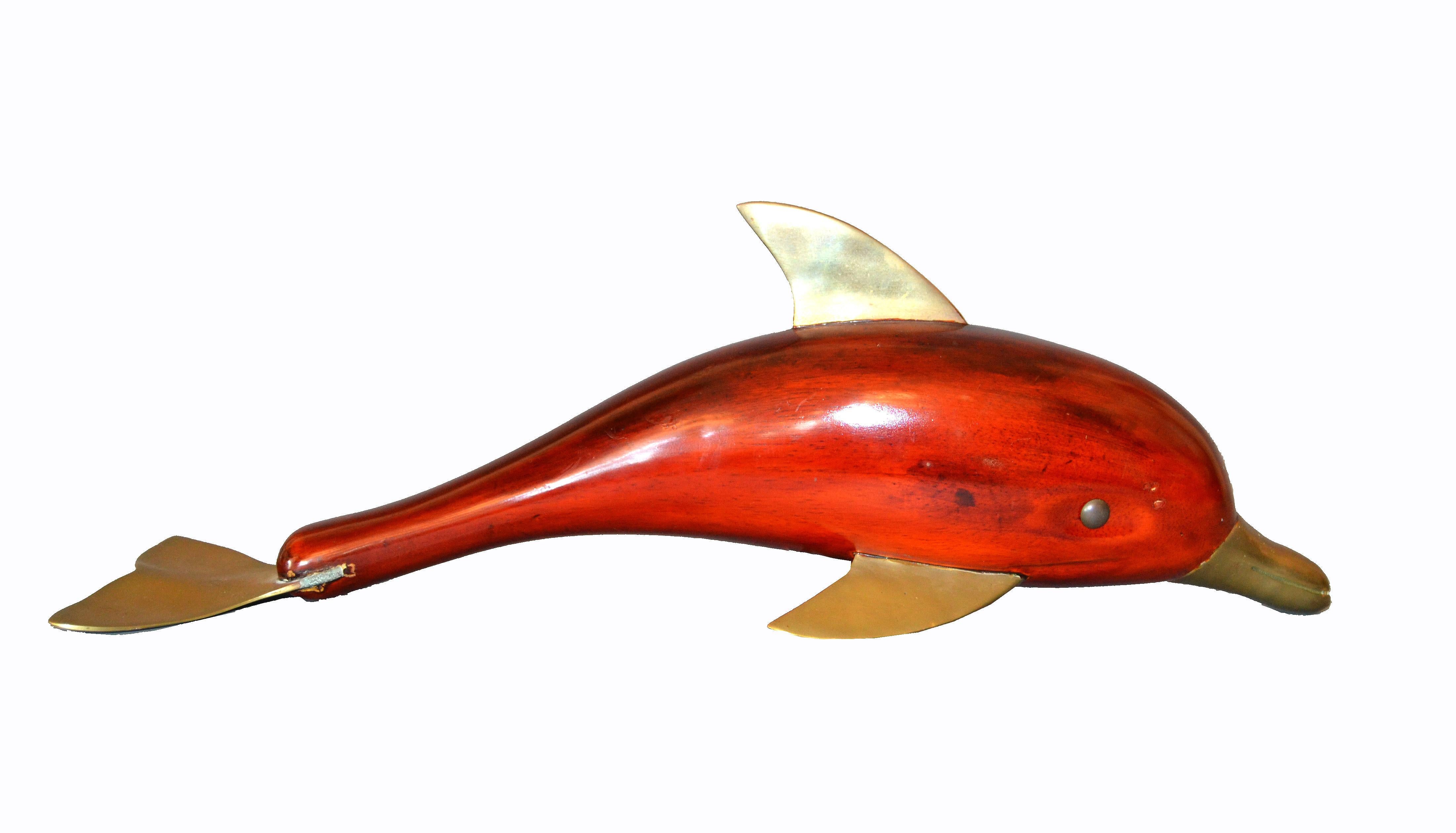 Midcentury Brass and Rosewood Dolphin Sculpture In Good Condition In Miami, FL