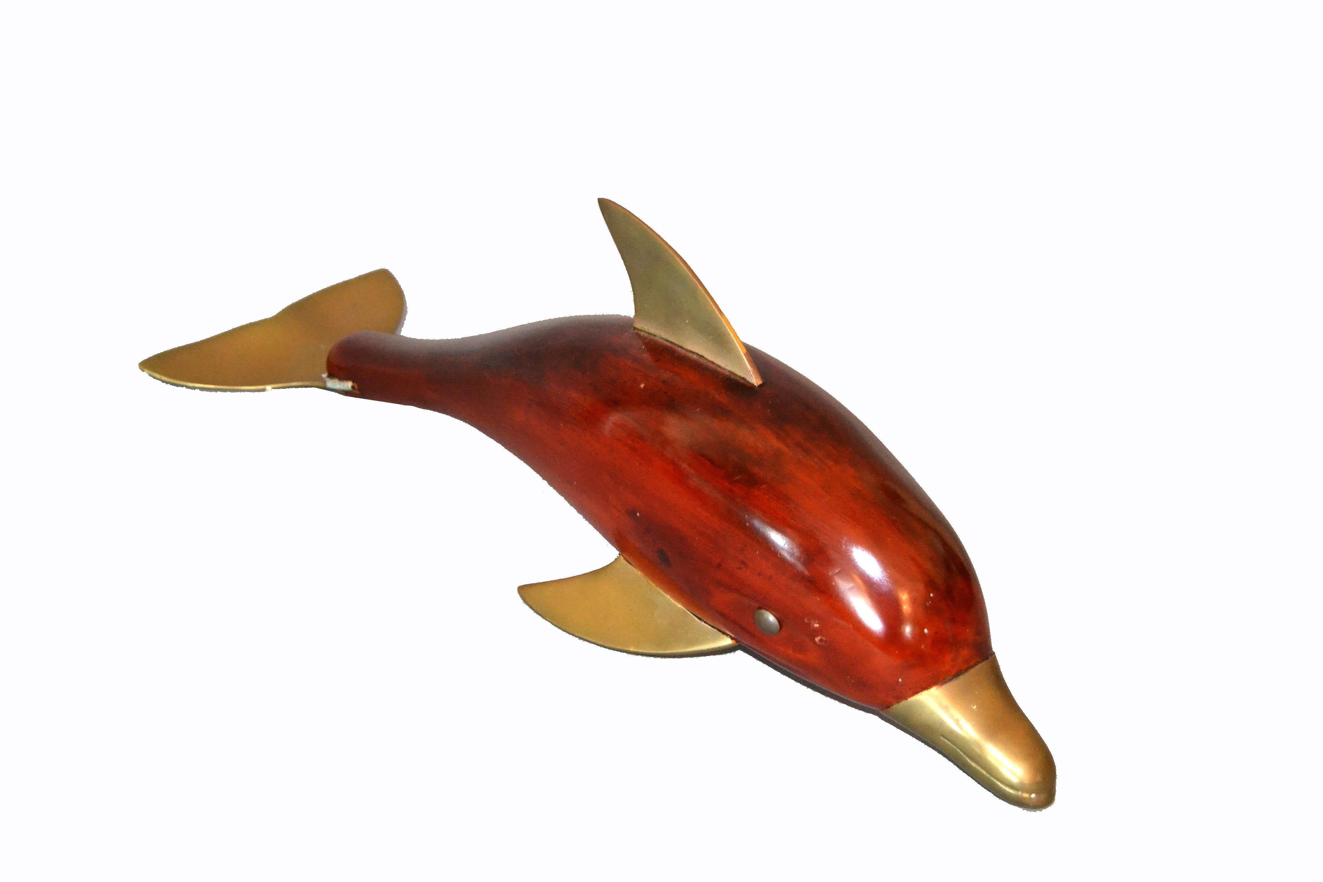 Late 20th Century Midcentury Brass and Rosewood Dolphin Sculpture