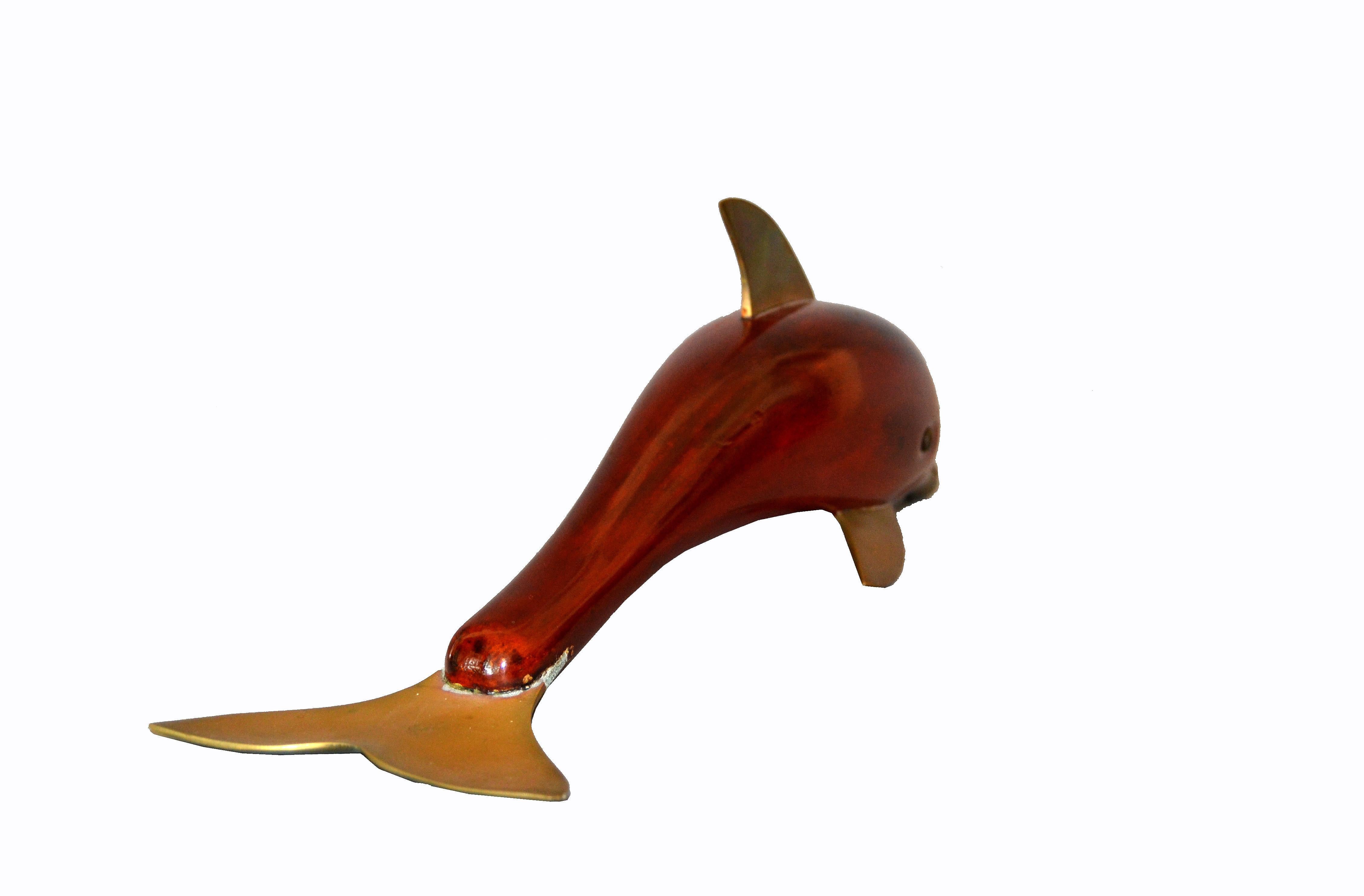 Midcentury Brass and Rosewood Dolphin Sculpture 1
