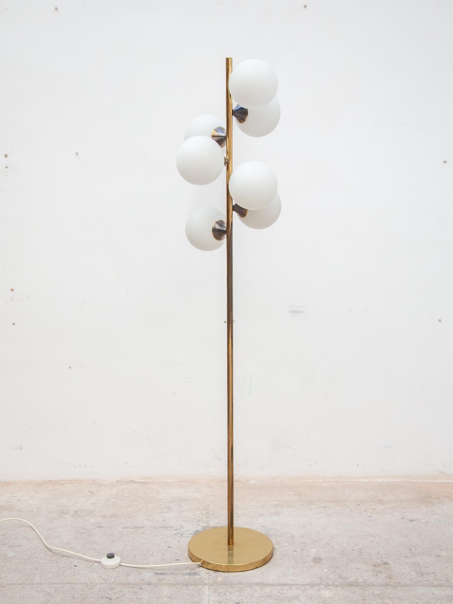 Mid-Century Modern Midcentury Brass and Seven Arm Opaline Globe Floor Lamp by Kaiser, Germany For Sale