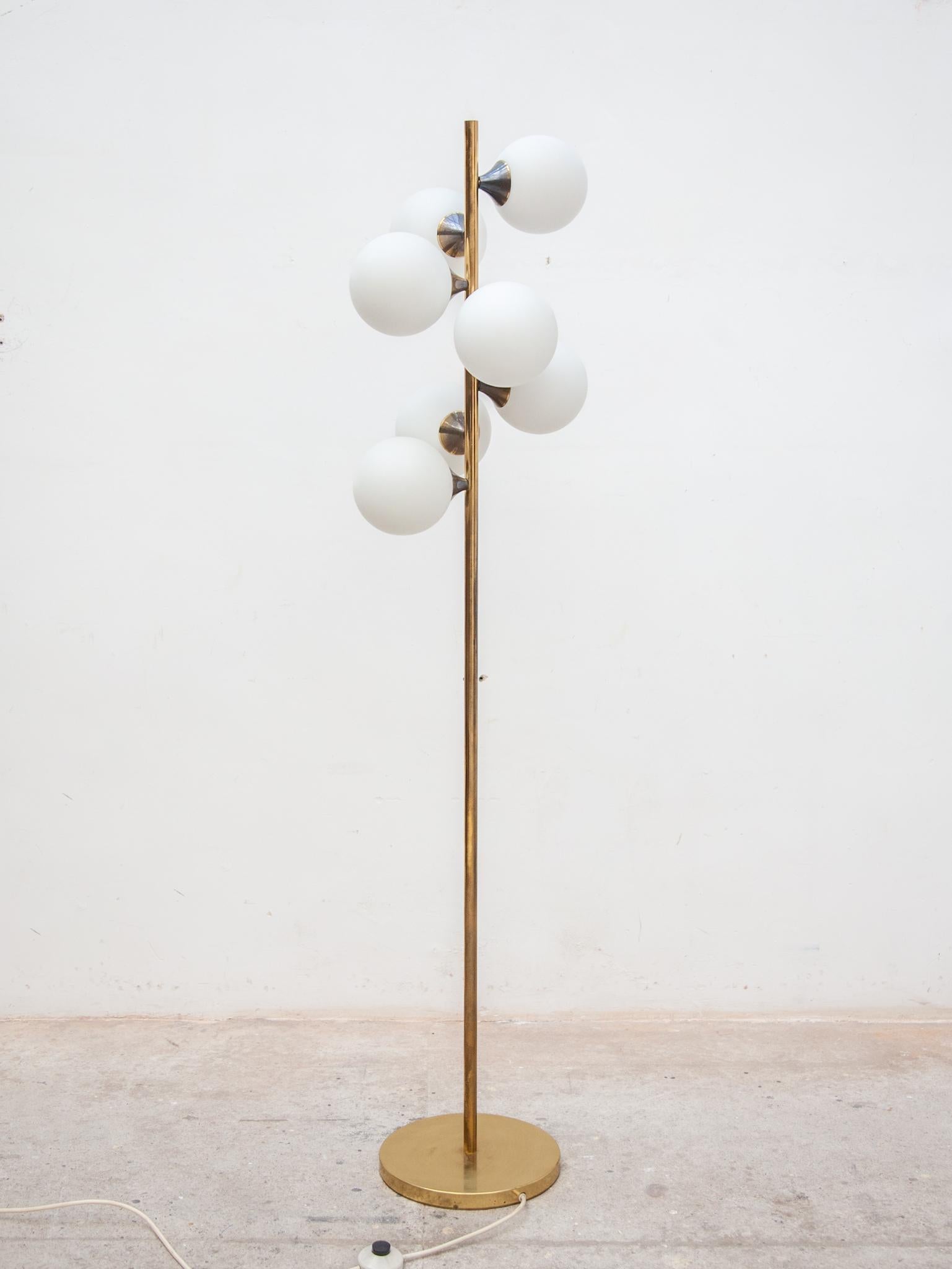 Hand-Crafted Midcentury Brass and Seven Arm Opaline Globe Floor Lamp by Kaiser, Germany For Sale