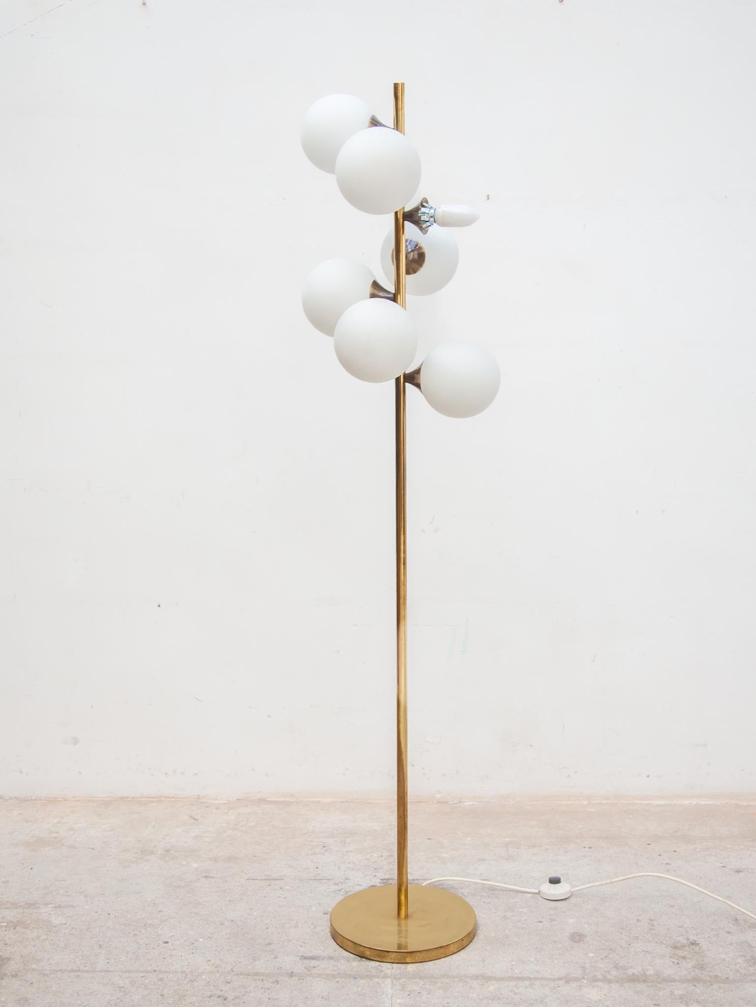 Midcentury Brass and Seven Arm Opaline Globe Floor Lamp by Kaiser, Germany In Good Condition For Sale In Antwerp, BE