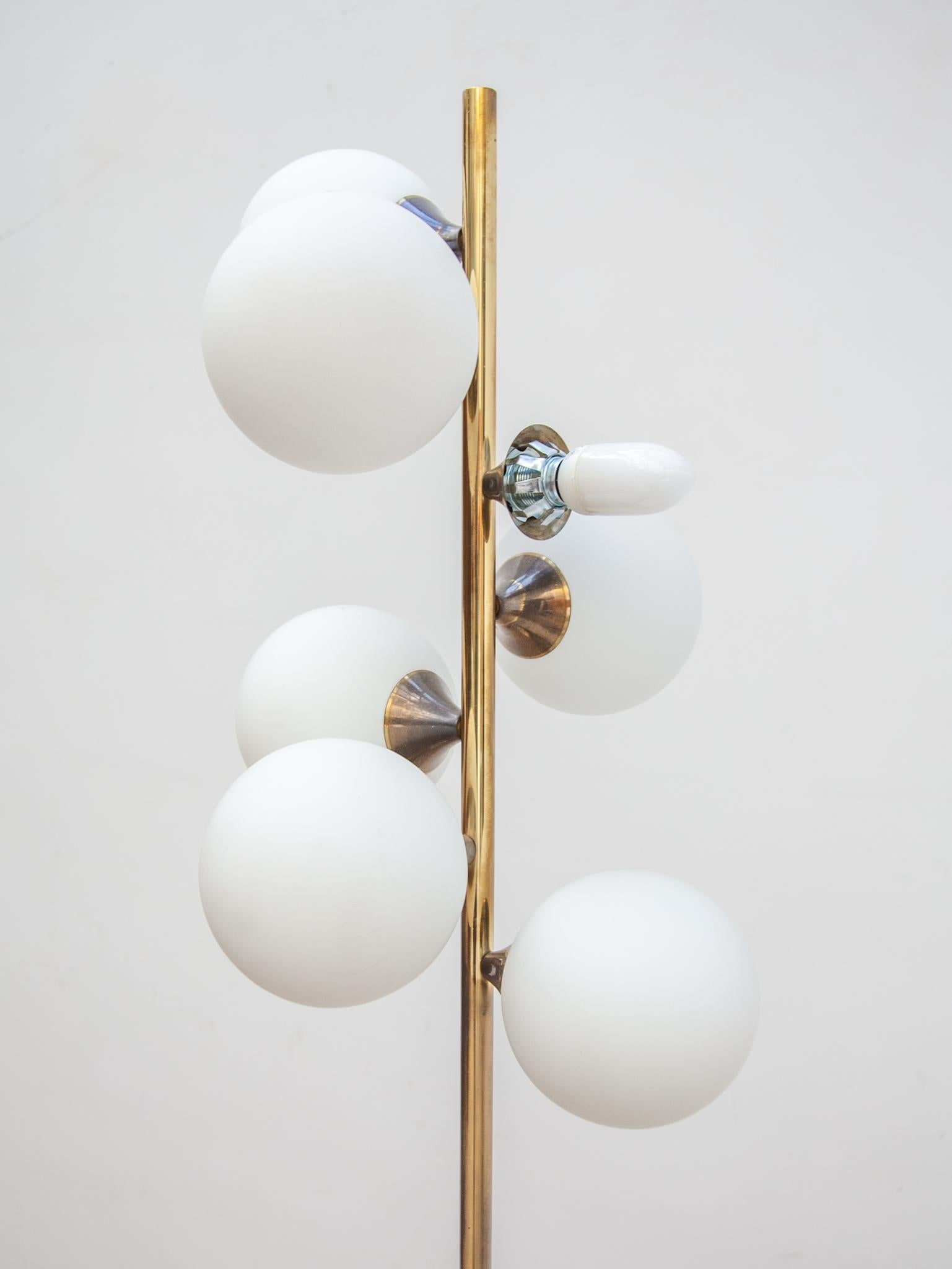 Mid-20th Century Midcentury Brass and Seven Arm Opaline Globe Floor Lamp by Kaiser, Germany For Sale