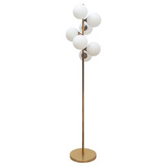 Midcentury Brass and Seven Arm Opaline Globe Floor Lamp by Kaiser, Germany