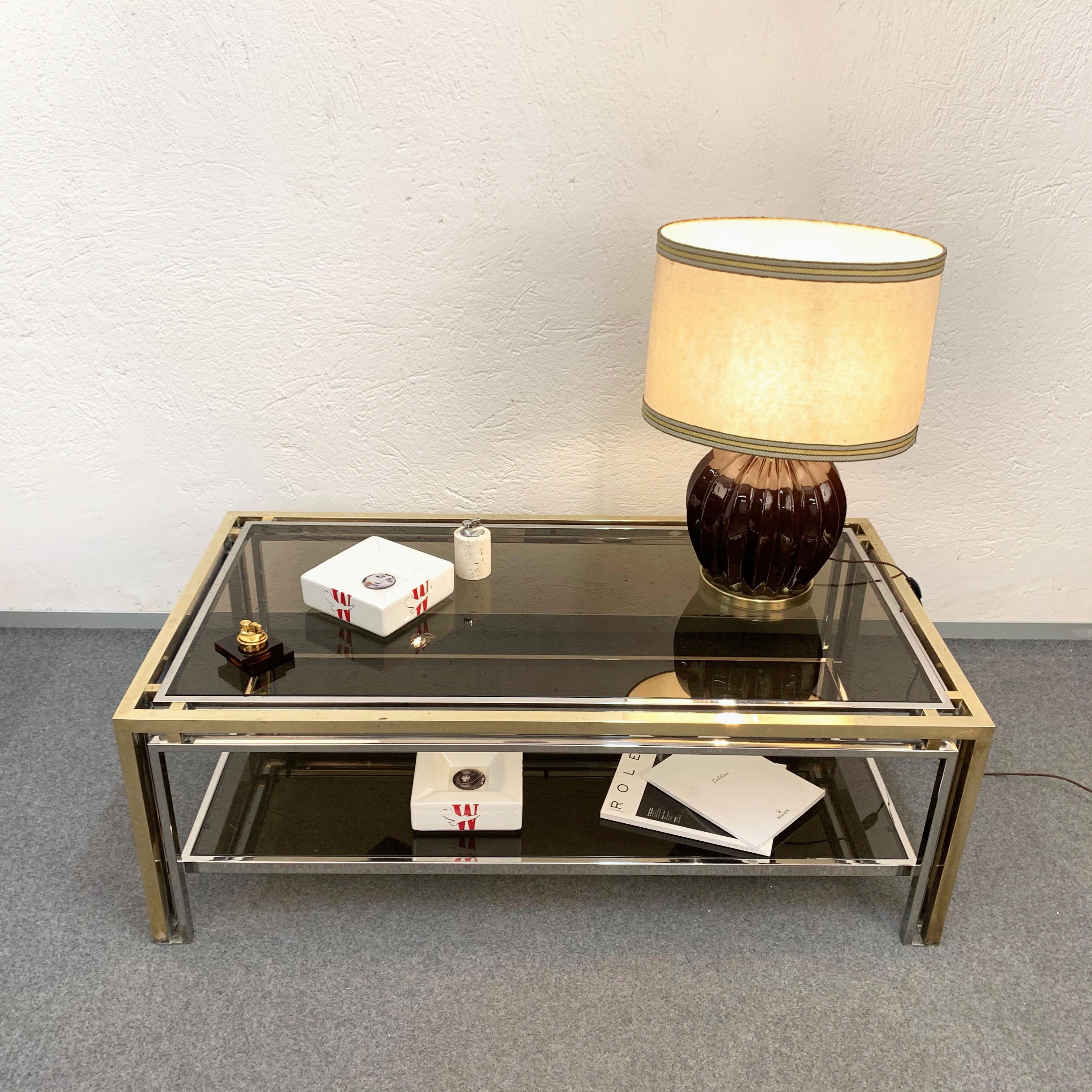 Midcentury Brass and Smoked Glass Italian Coffee Table after Romeo Rega, 1970 For Sale 5