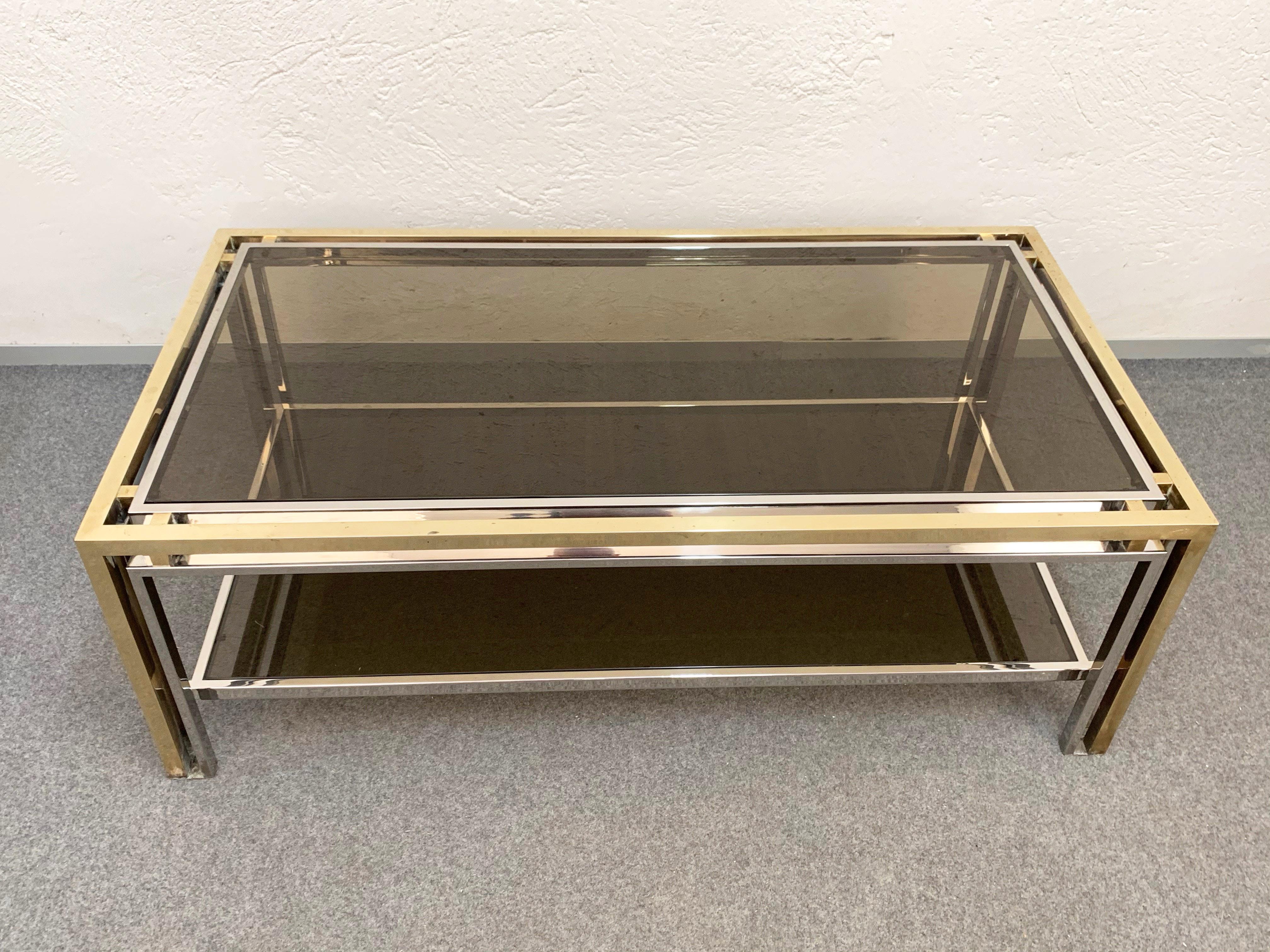 Mid-Century Modern Midcentury Brass and Smoked Glass Italian Coffee Table after Romeo Rega, 1970 For Sale