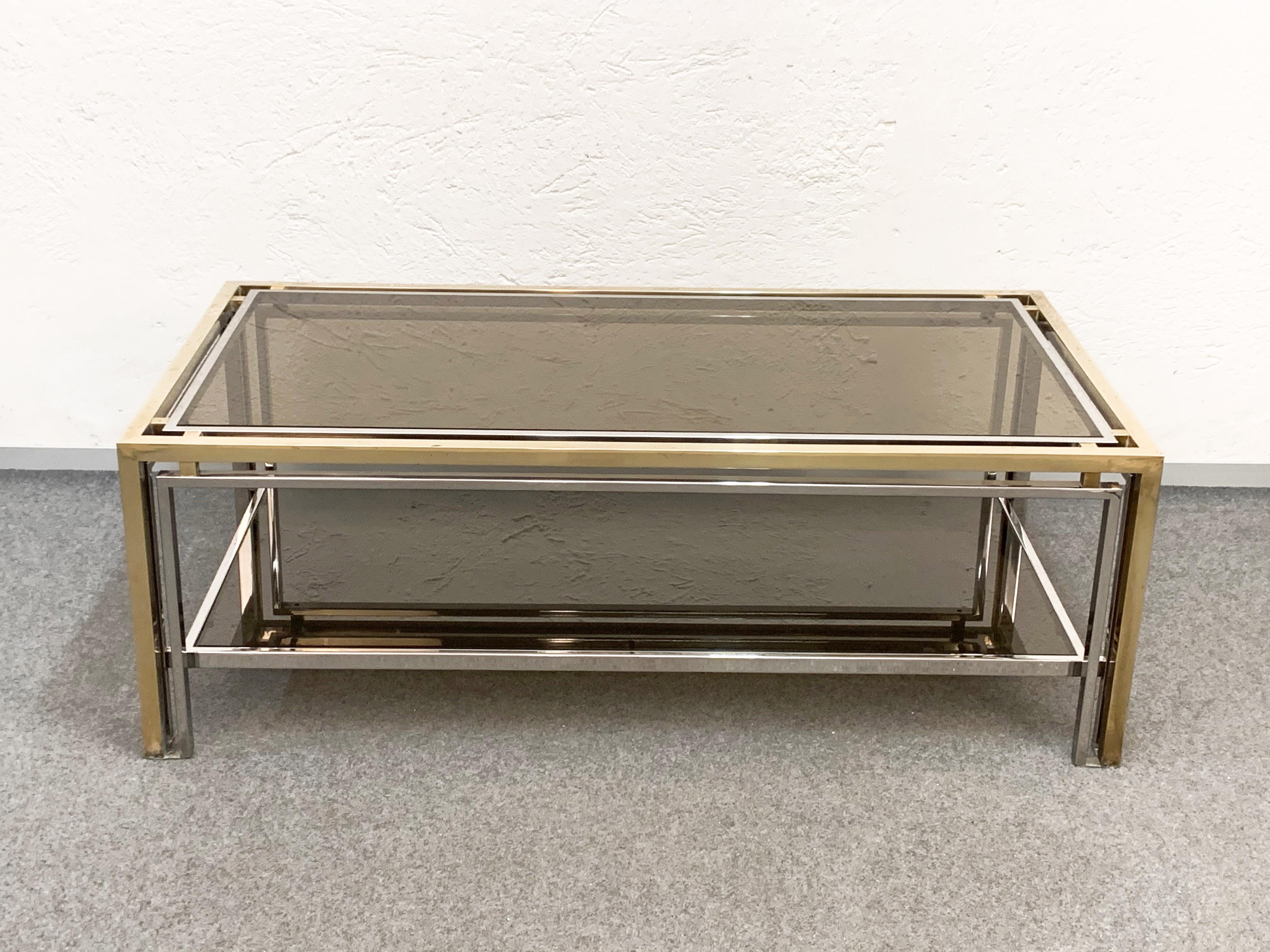 Midcentury Brass and Smoked Glass Italian Coffee Table after Romeo Rega, 1970 In Good Condition For Sale In Roma, IT