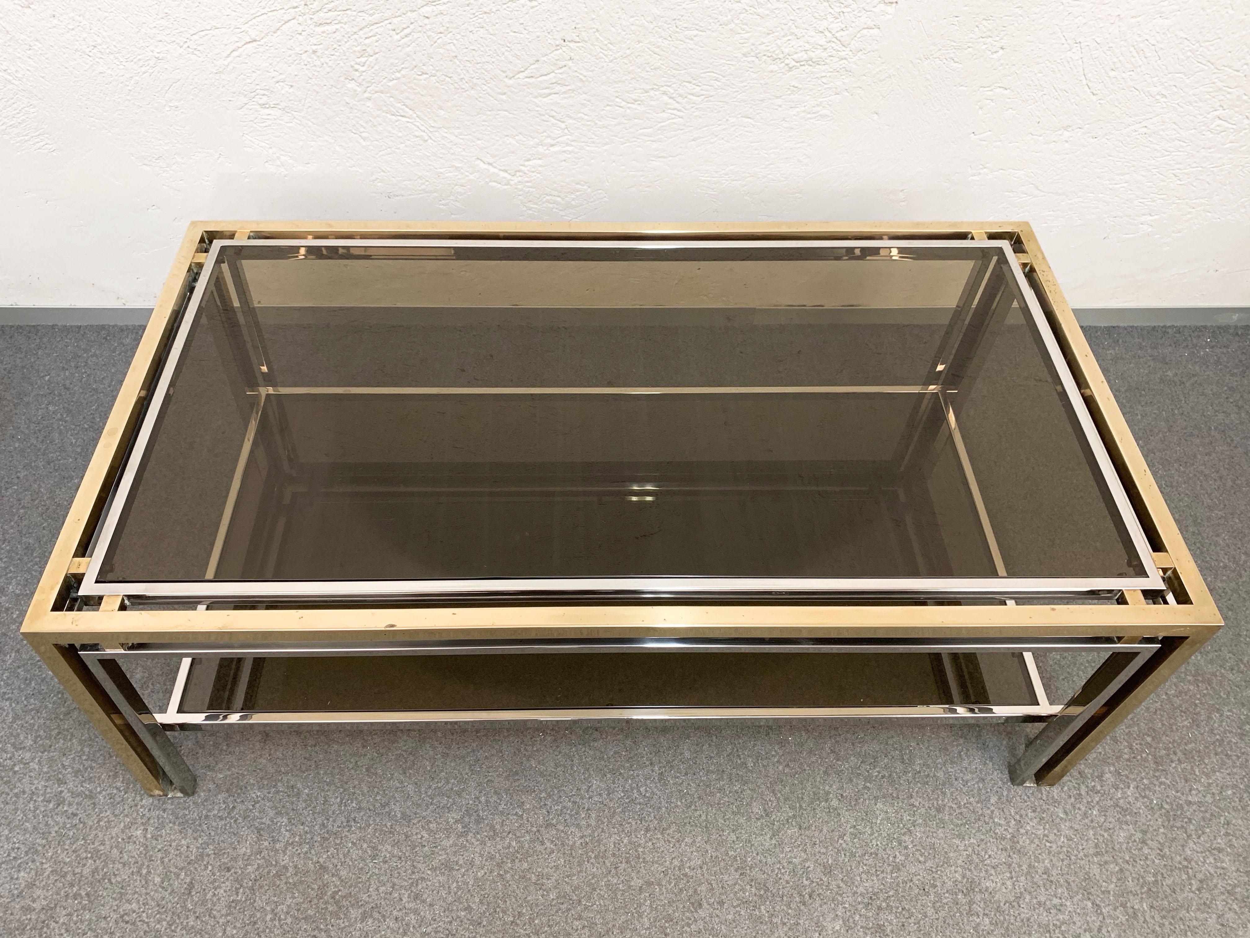 Late 20th Century Midcentury Brass and Smoked Glass Italian Coffee Table after Romeo Rega, 1970 For Sale