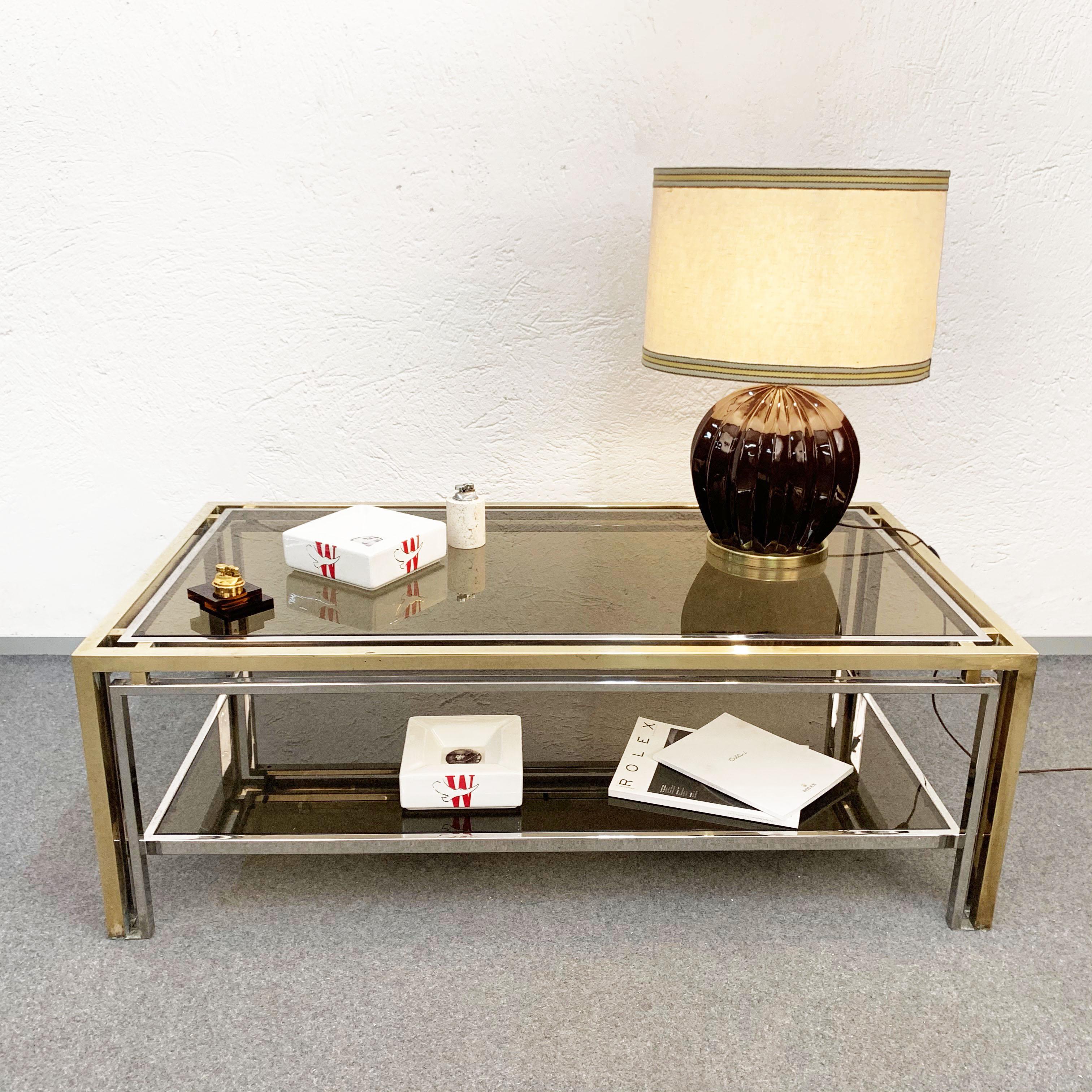Midcentury Brass and Smoked Glass Italian Coffee Table after Romeo Rega, 1970 For Sale 2