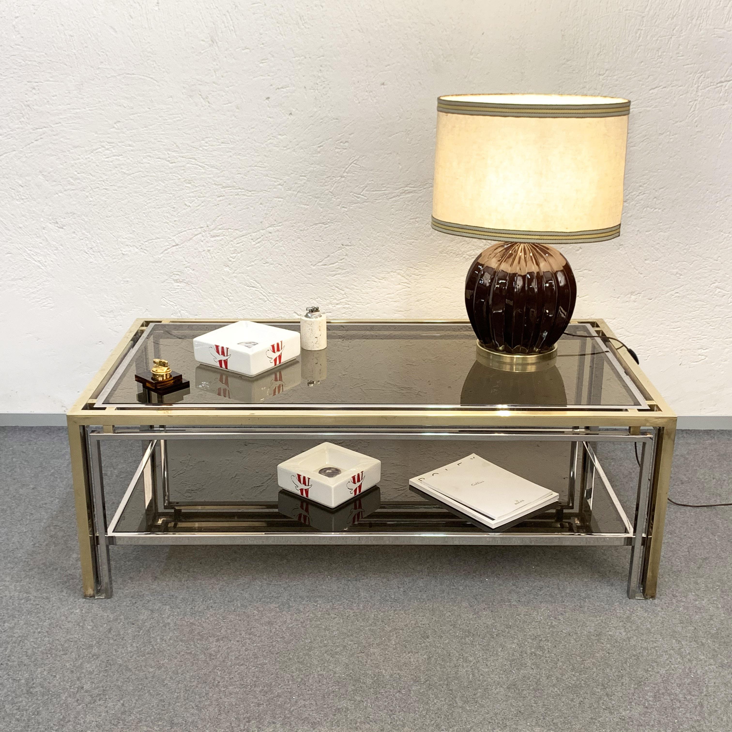 Midcentury Brass and Smoked Glass Italian Coffee Table after Romeo Rega, 1970 For Sale 3