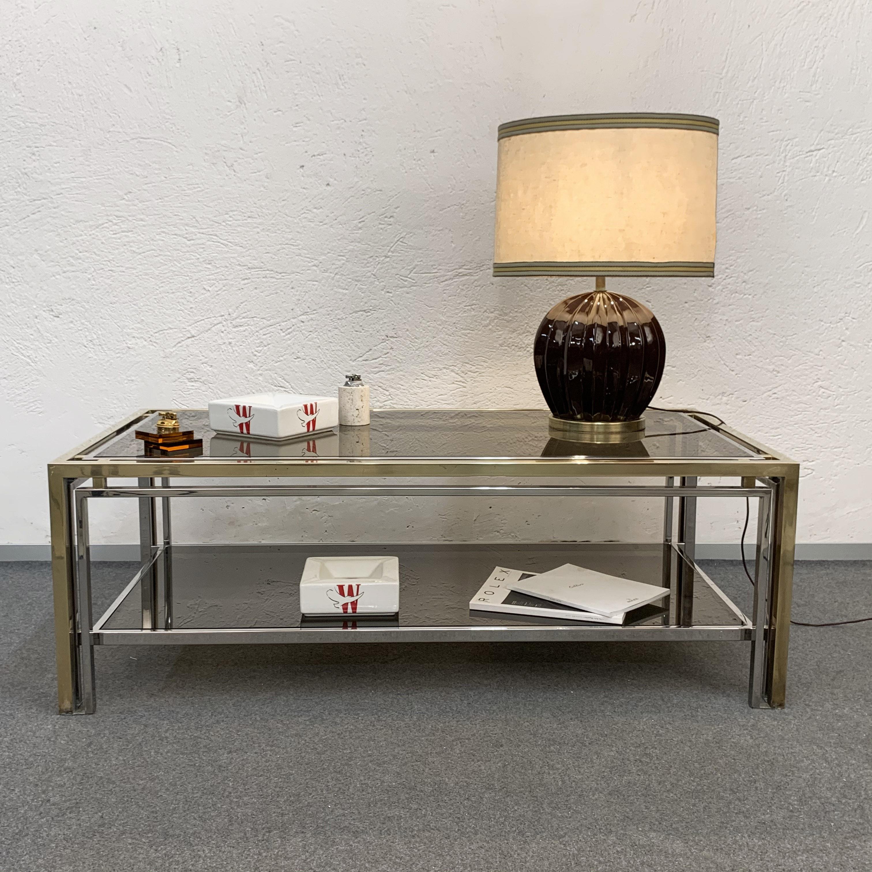 Midcentury Brass and Smoked Glass Italian Coffee Table after Romeo Rega, 1970 For Sale 4