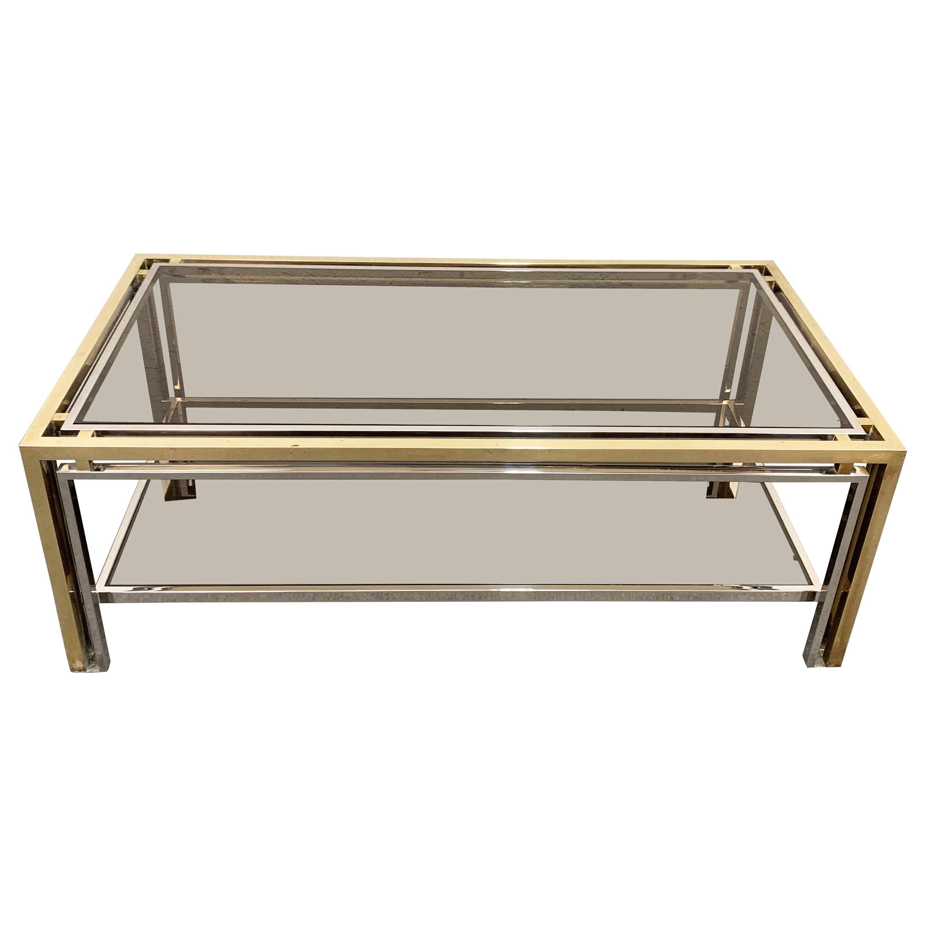 Midcentury Brass and Smoked Glass Italian Coffee Table after Romeo Rega, 1970 For Sale