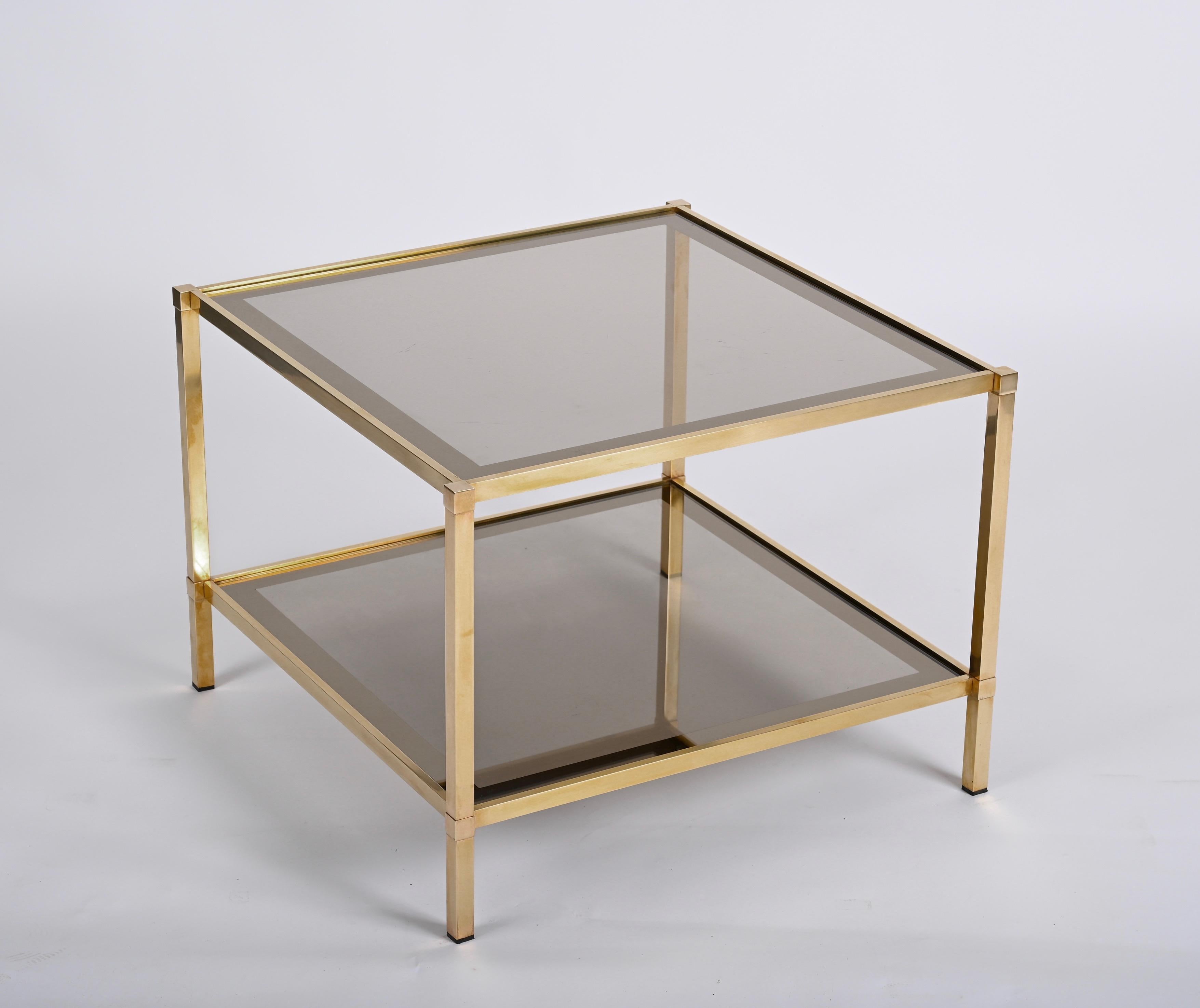 Mid-Century Brass and Smoked Glass Squared Coffee Italian Table Mirror, 1970s For Sale 6