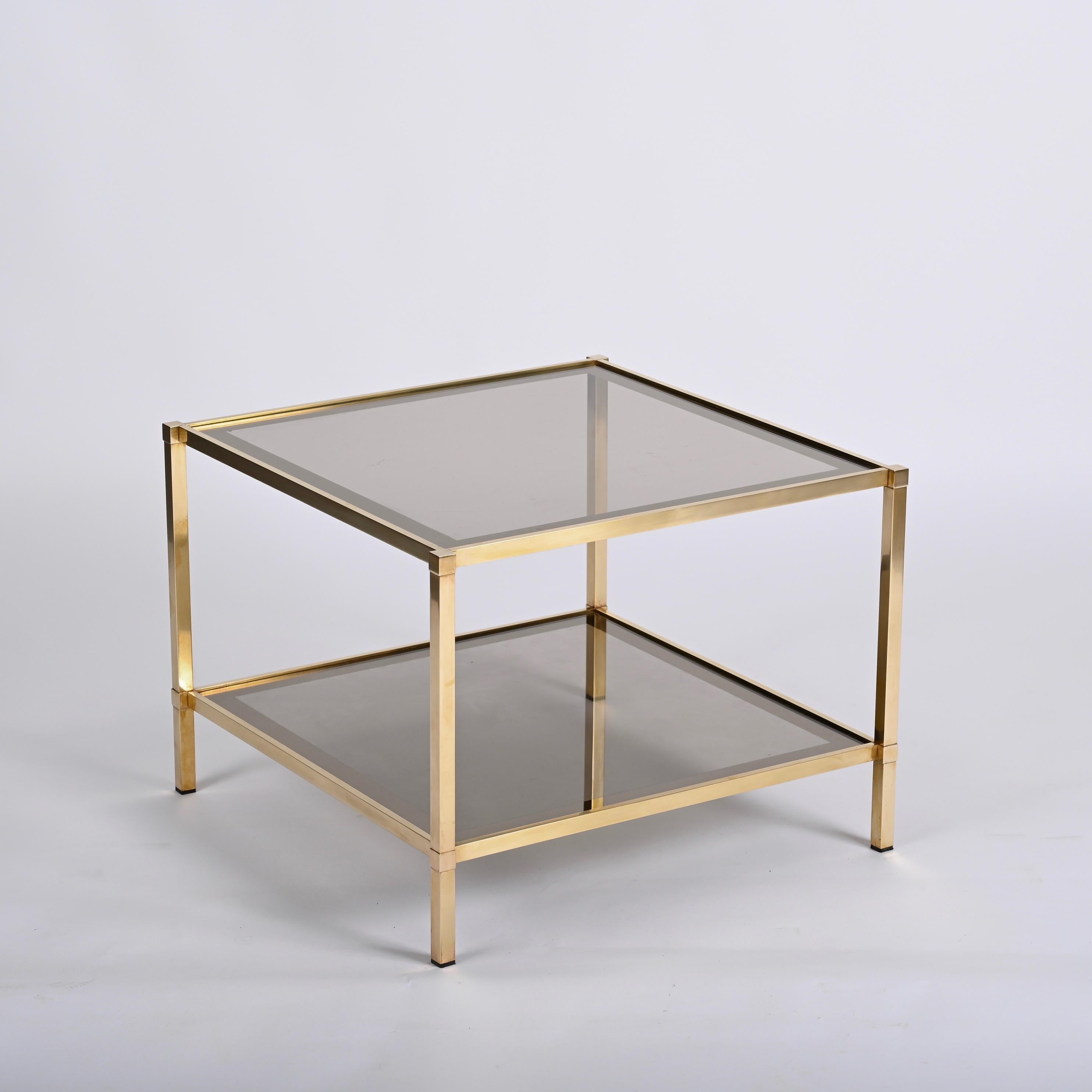 Mid-Century Brass and Smoked Glass Squared Coffee Italian Table Mirror, 1970s For Sale 2