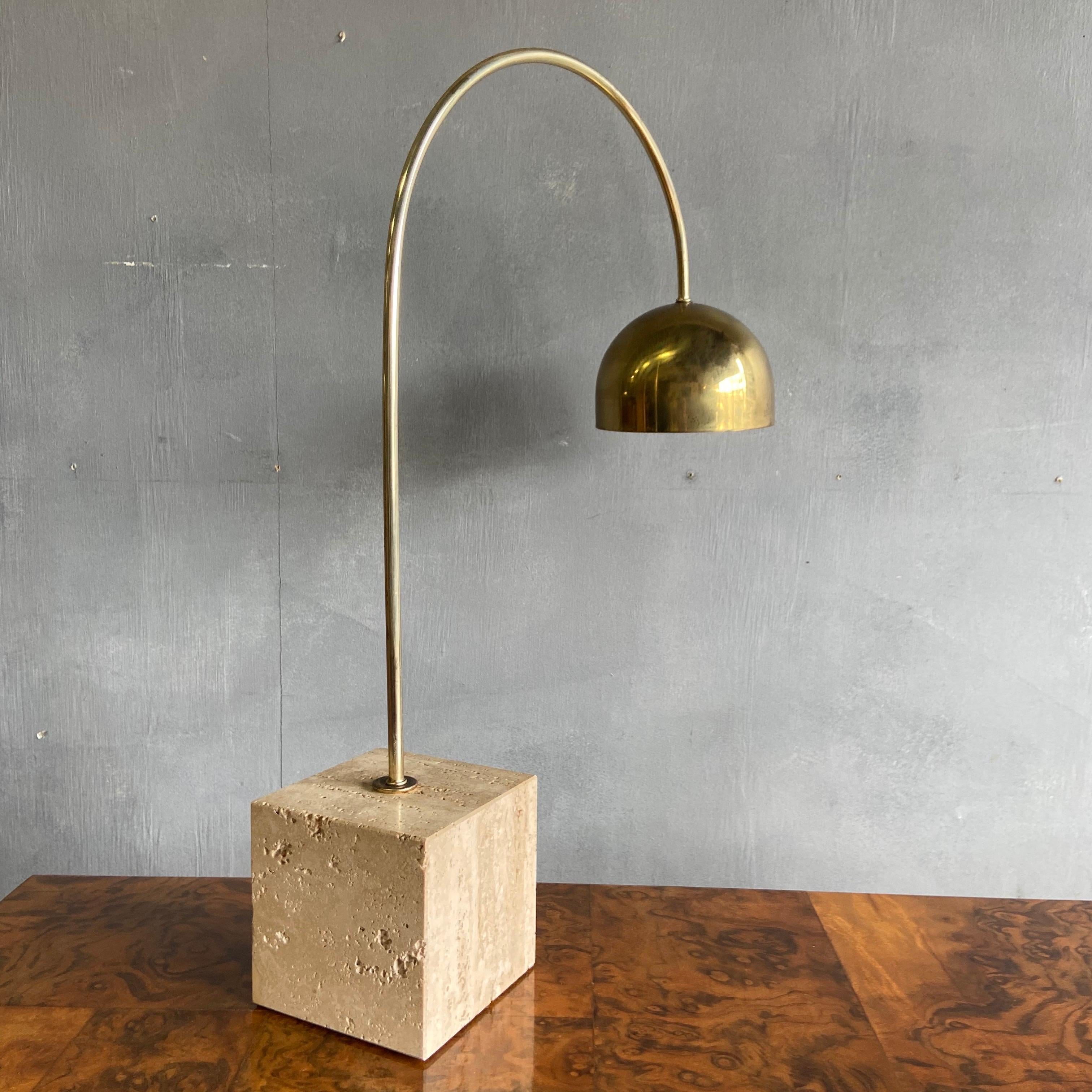 Midcentury Brass and Travertine Arc Table Lamp by Harvey Guzzini 1