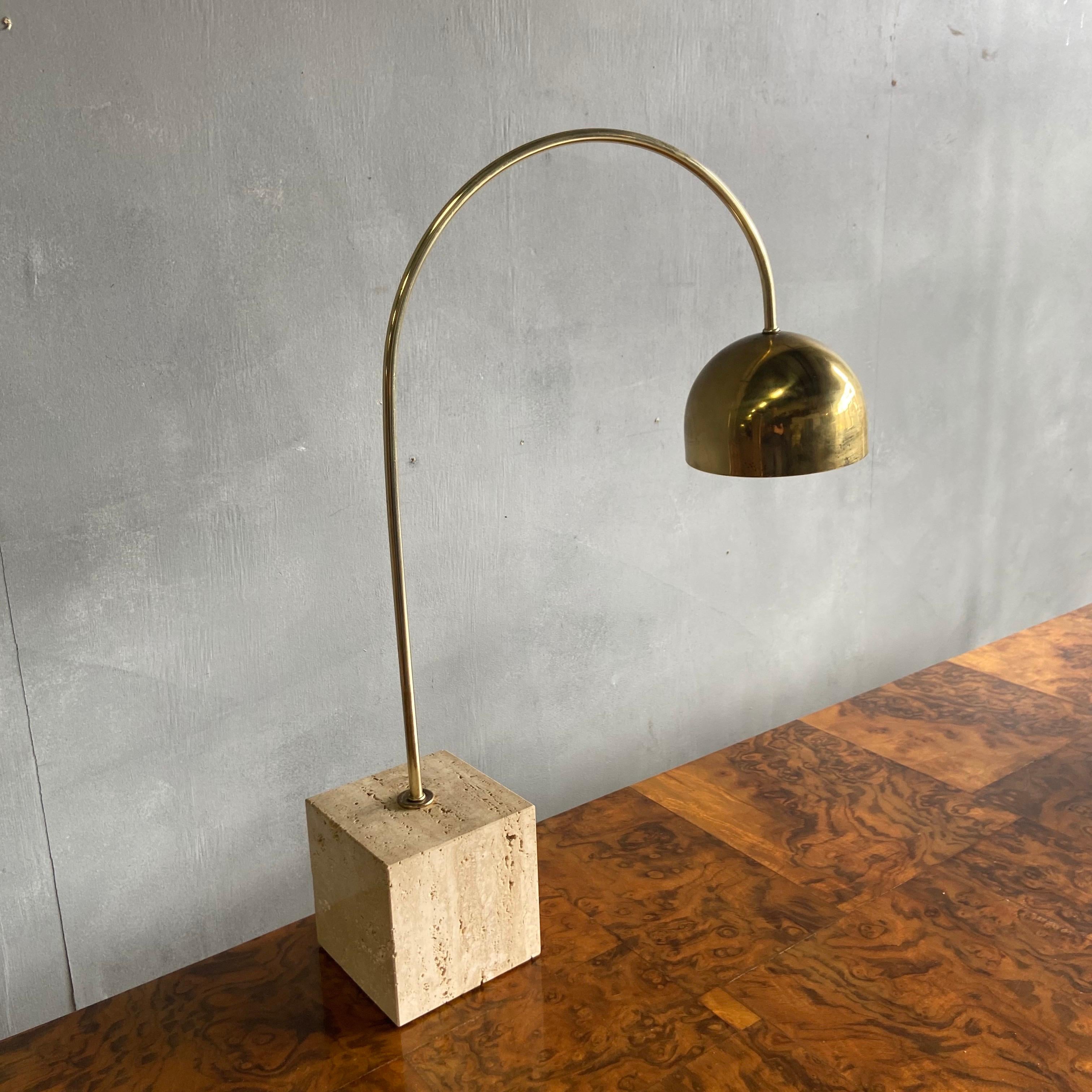 Mid-Century Modern Midcentury Brass and Travertine Arc Table Lamp by Harvey Guzzini