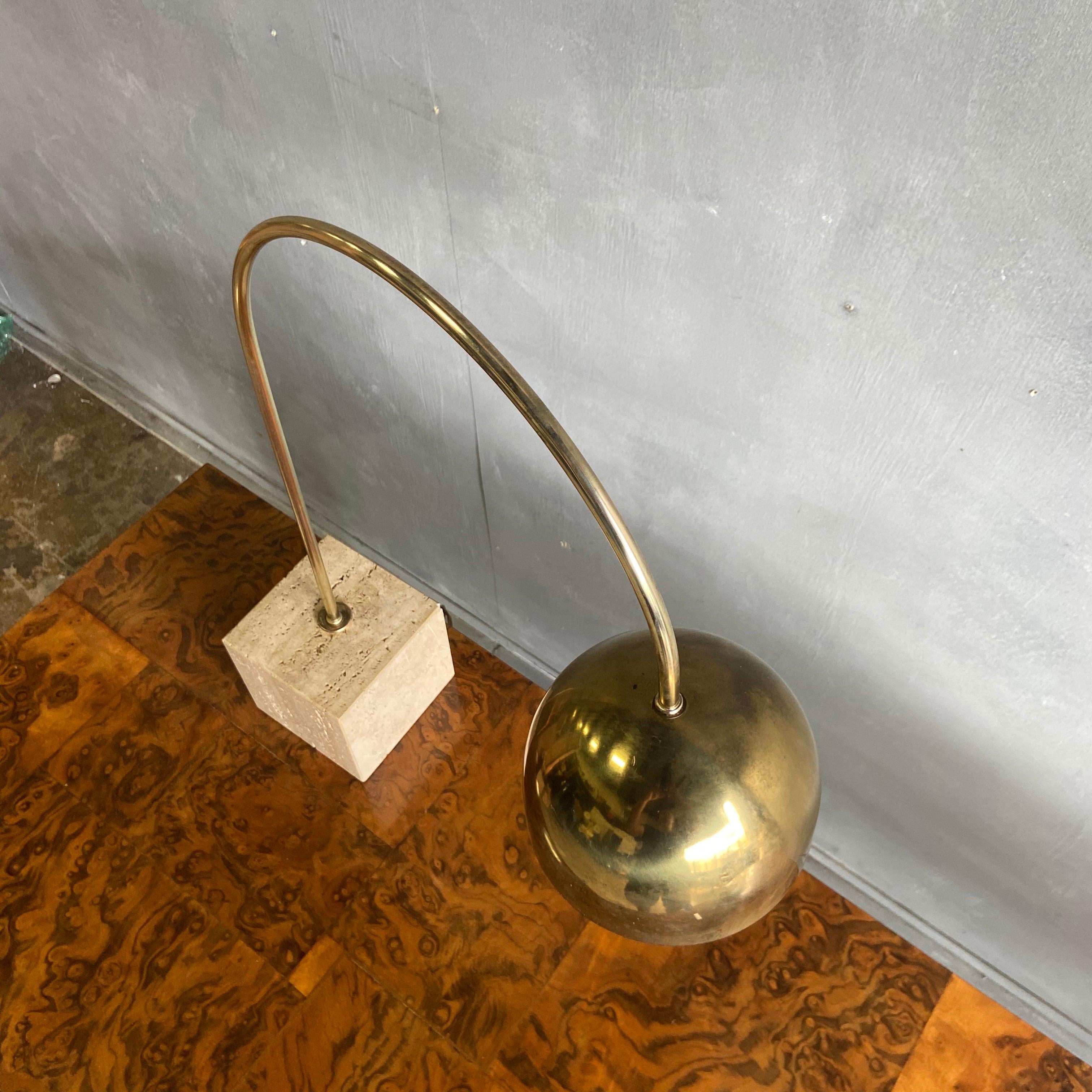 Italian Midcentury Brass and Travertine Arc Table Lamp by Harvey Guzzini