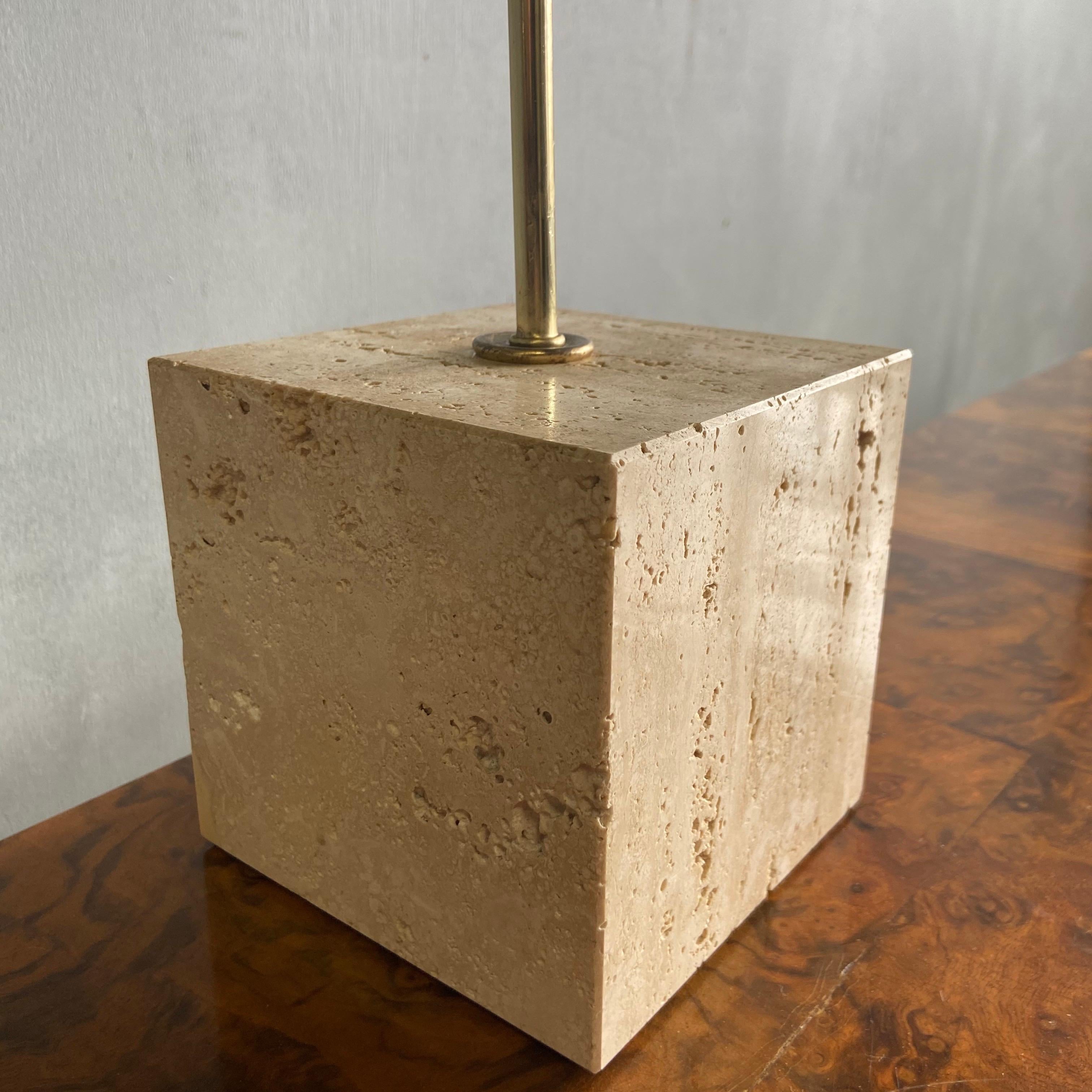 Midcentury Brass and Travertine Arc Table Lamp by Harvey Guzzini In Good Condition In BROOKLYN, NY