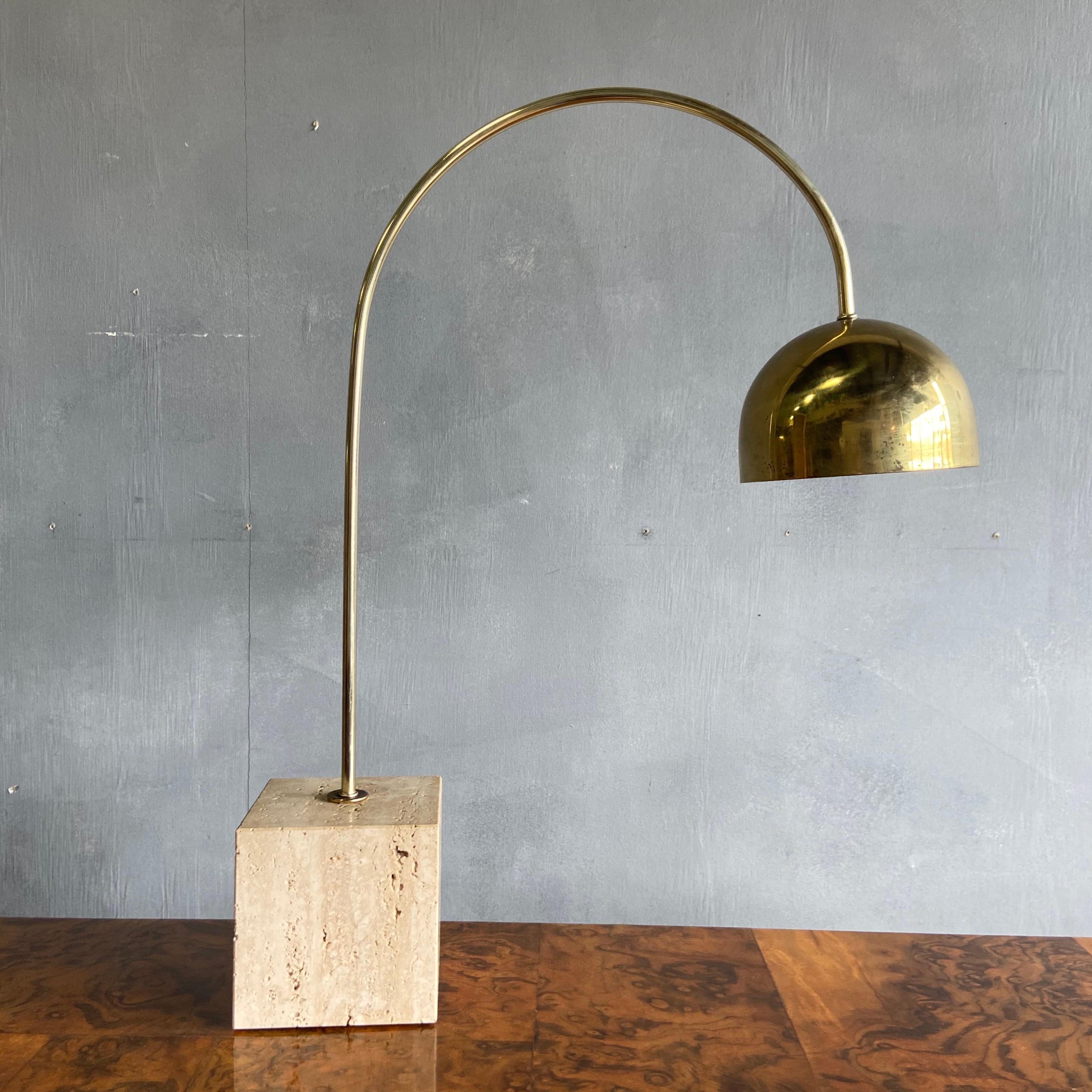 20th Century Midcentury Brass and Travertine Arc Table Lamp by Harvey Guzzini