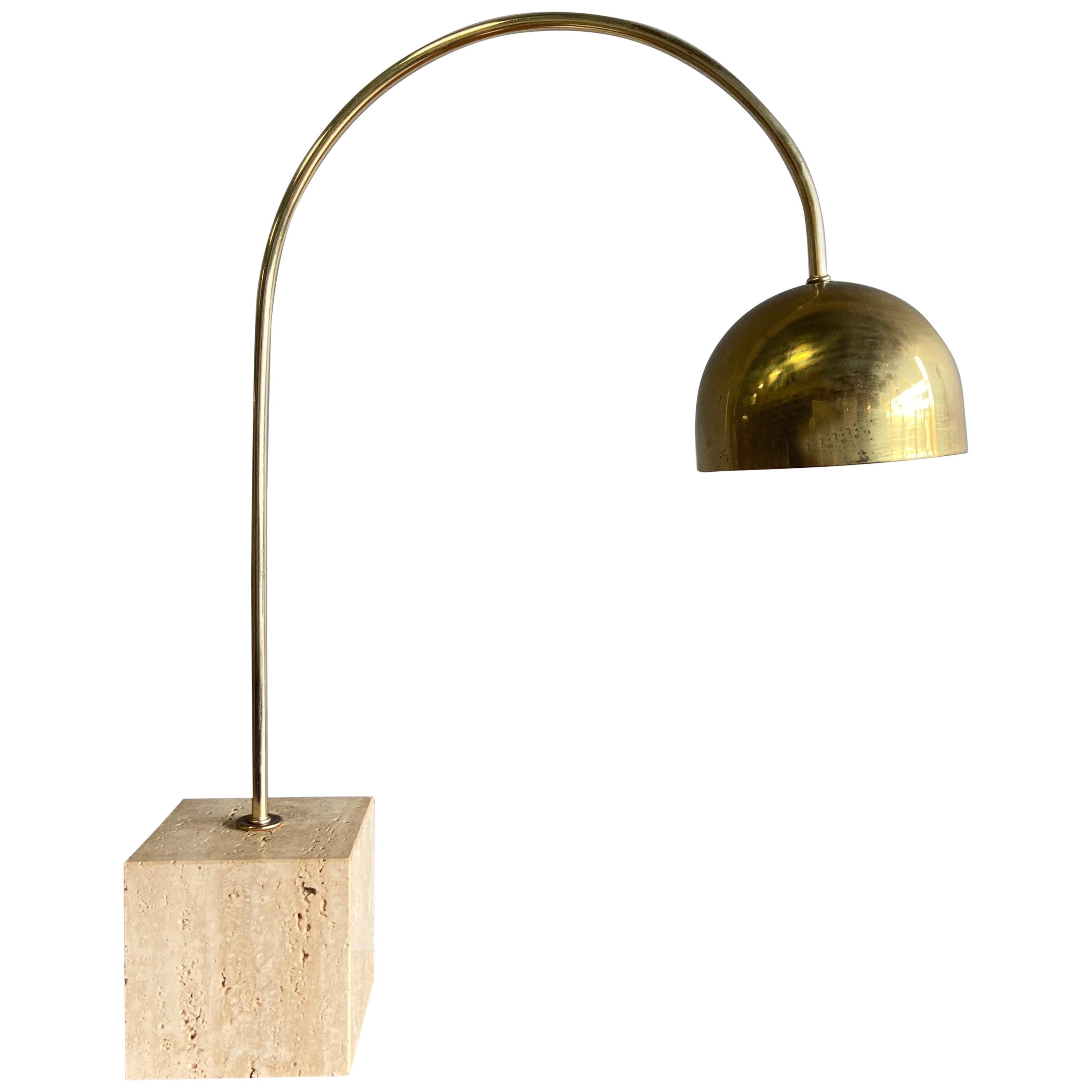 Midcentury Brass and Travertine Arc Table Lamp by Harvey Guzzini