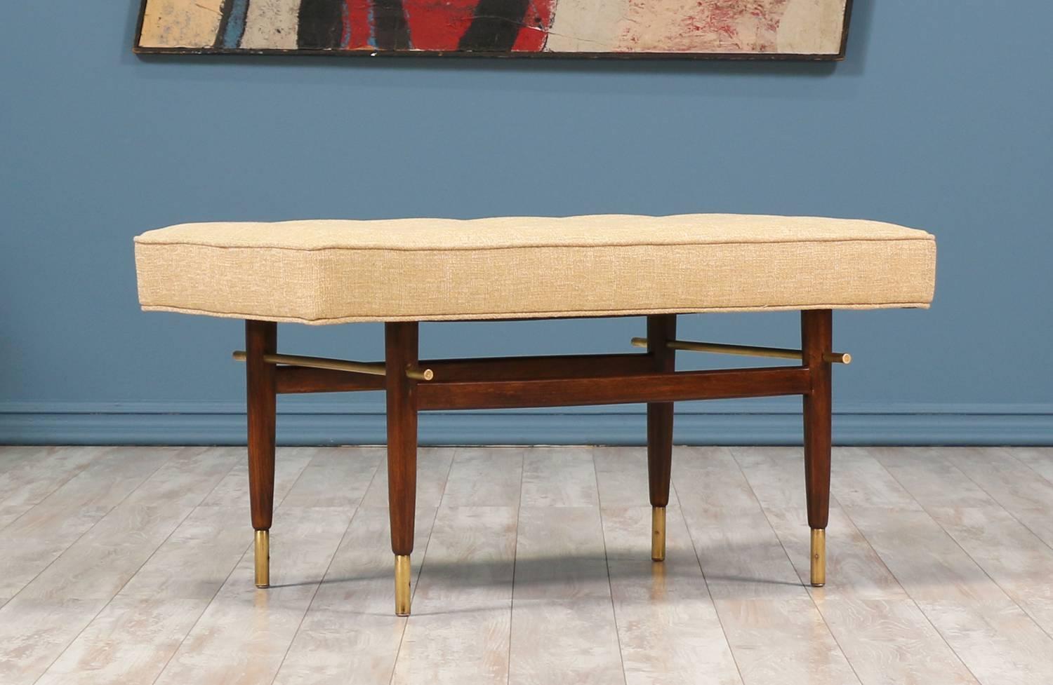 American Midcentury Brass and Walnut Tufted Bench