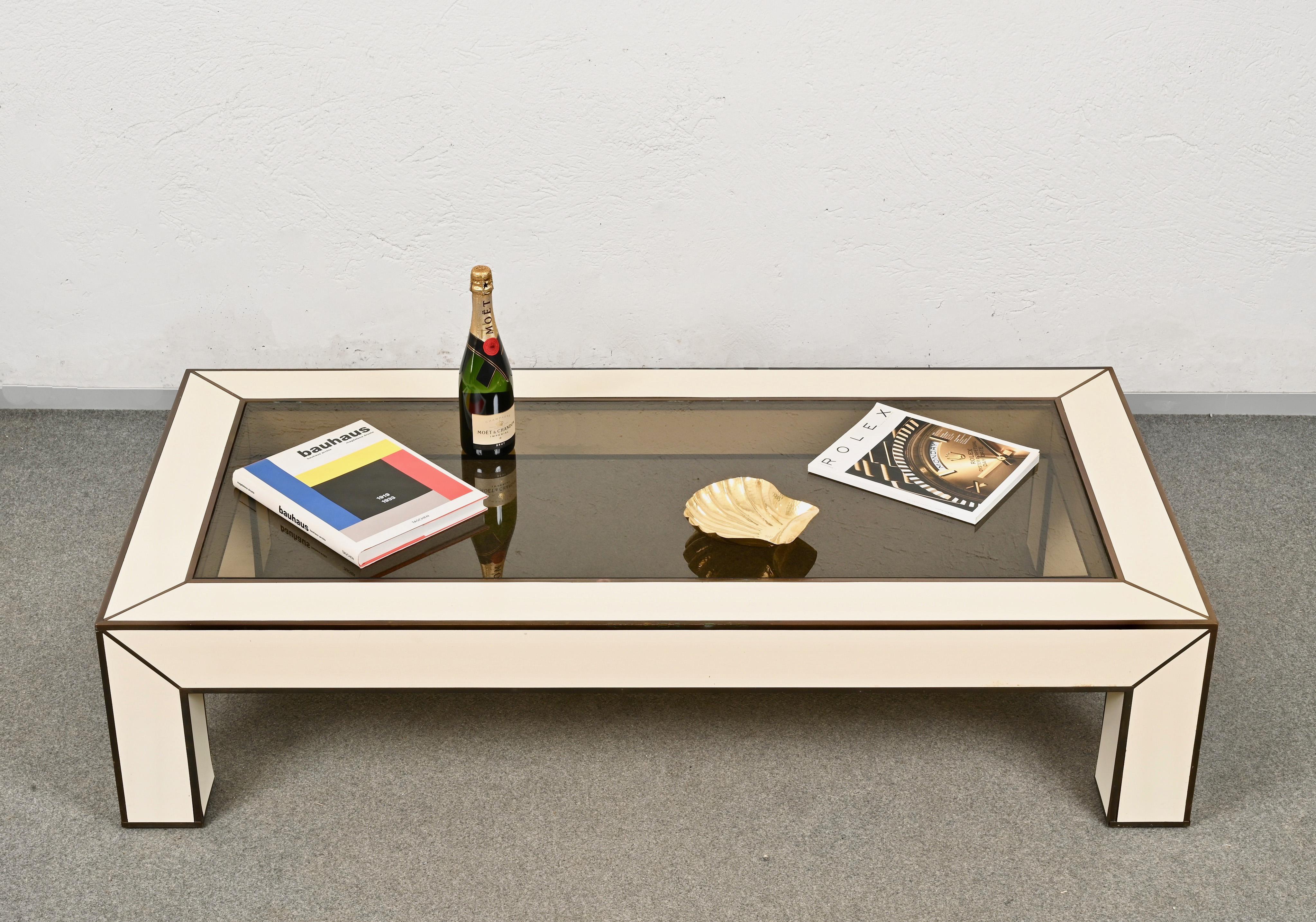 Midcentury Brass and White Formica Italian Coffee Table Willy Rizzo Style, 1970s For Sale 5
