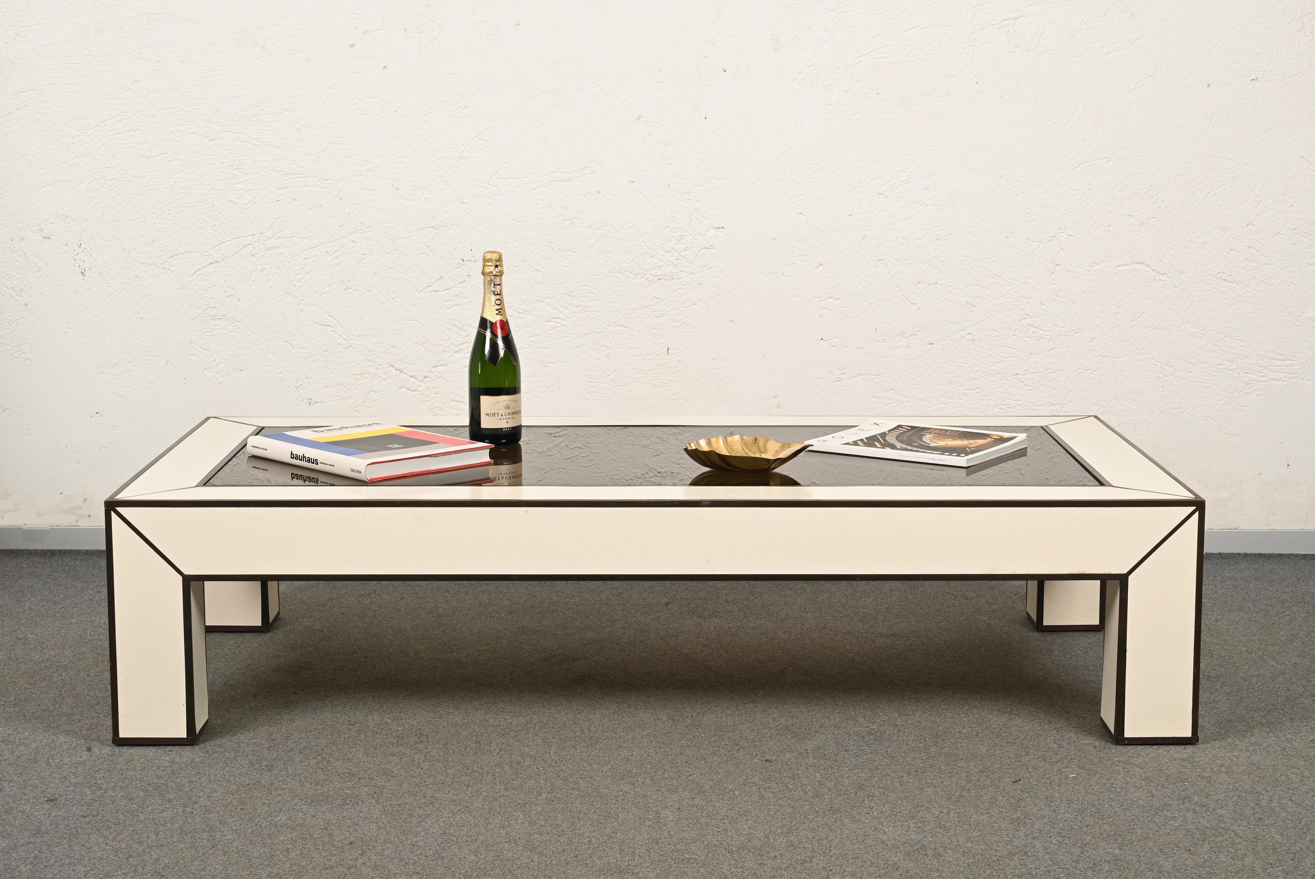 Midcentury Brass and White Formica Italian Coffee Table Willy Rizzo Style, 1970s For Sale 8
