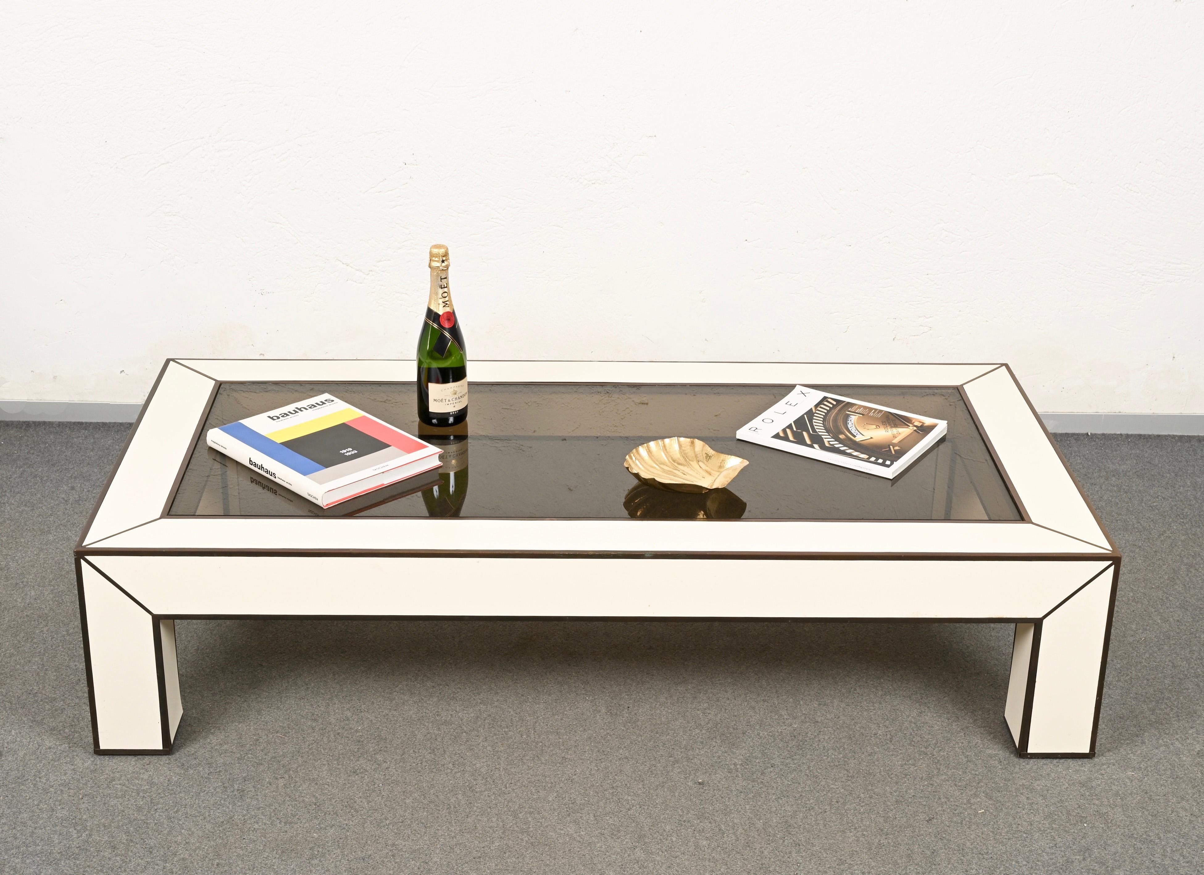 Midcentury Brass and White Formica Italian Coffee Table Willy Rizzo Style, 1970s For Sale 10