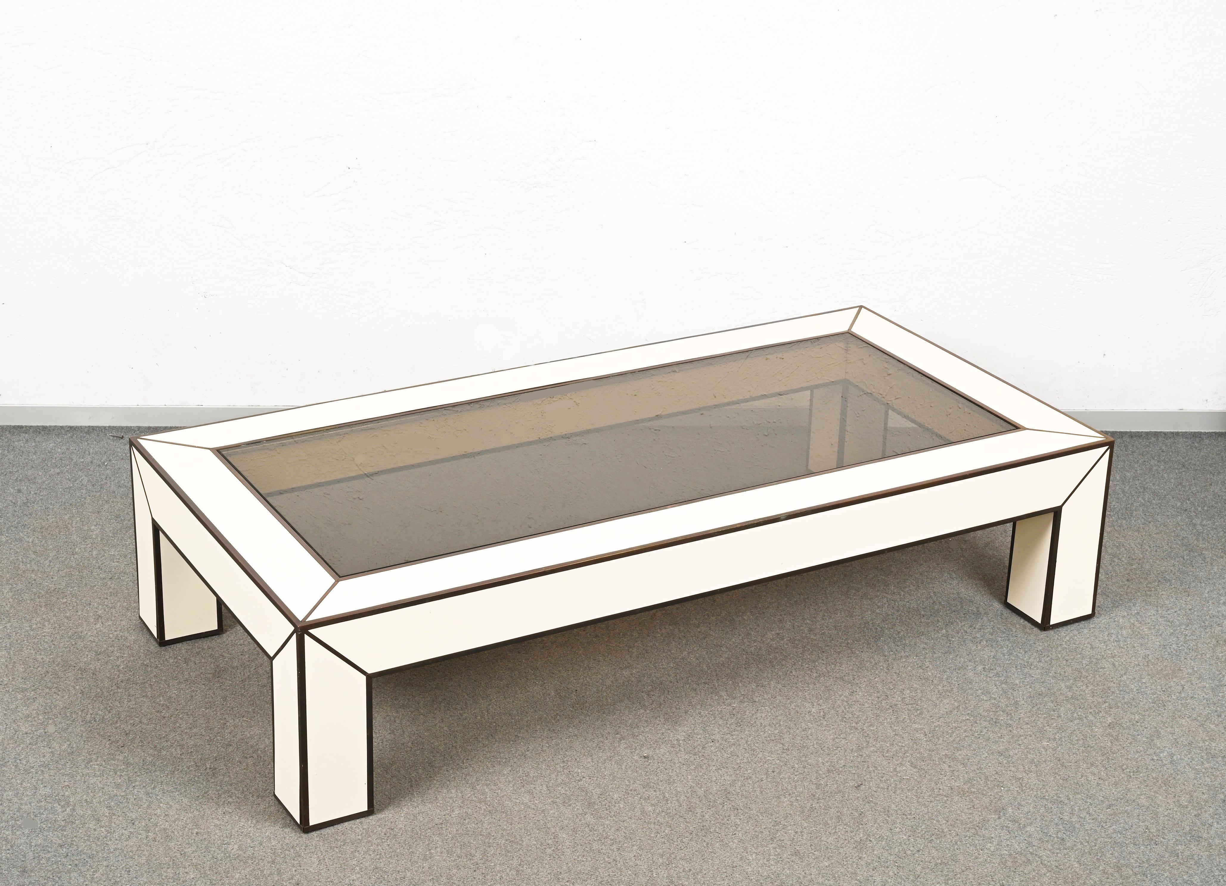 Midcentury Brass and White Formica Italian Coffee Table Willy Rizzo Style, 1970s In Good Condition For Sale In Roma, IT