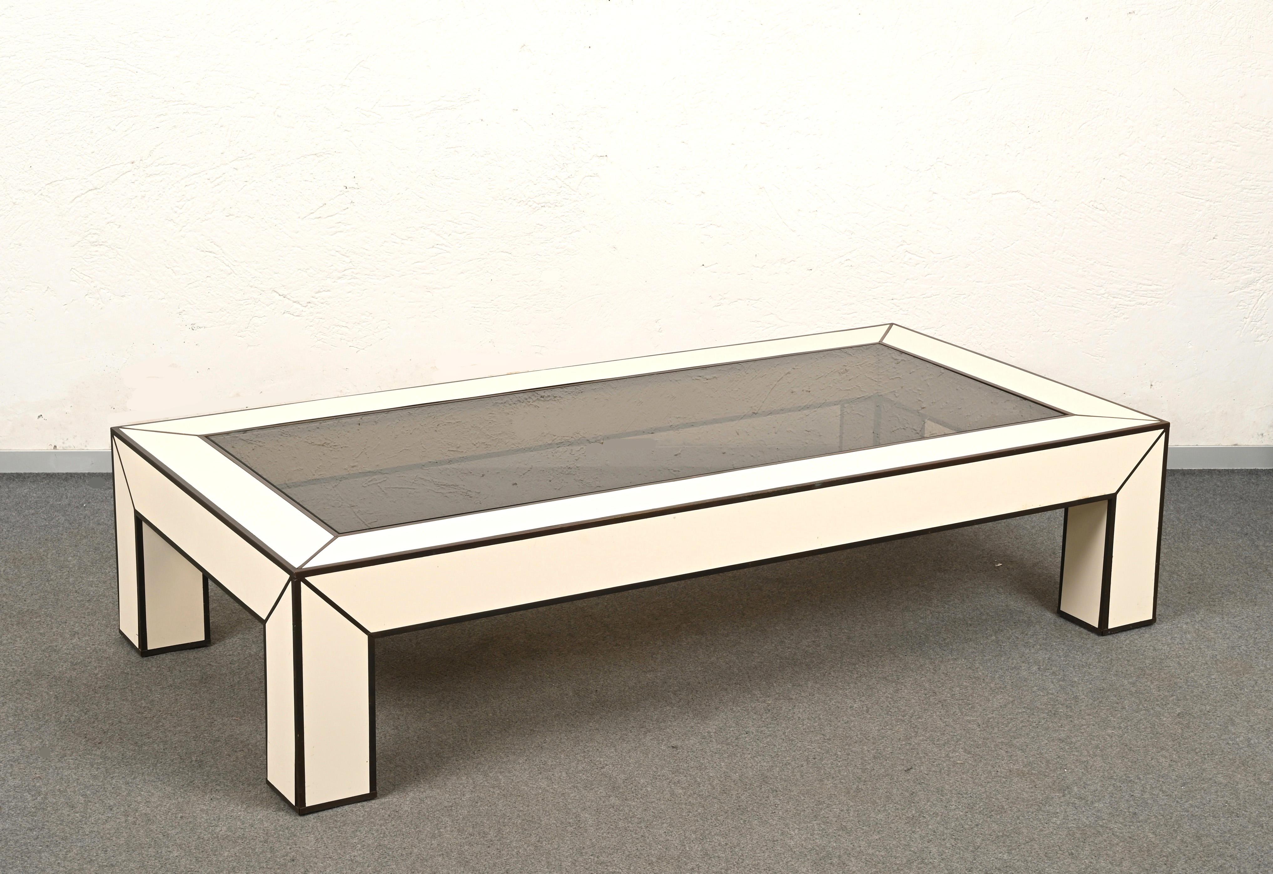 20th Century Midcentury Brass and White Formica Italian Coffee Table Willy Rizzo Style, 1970s For Sale