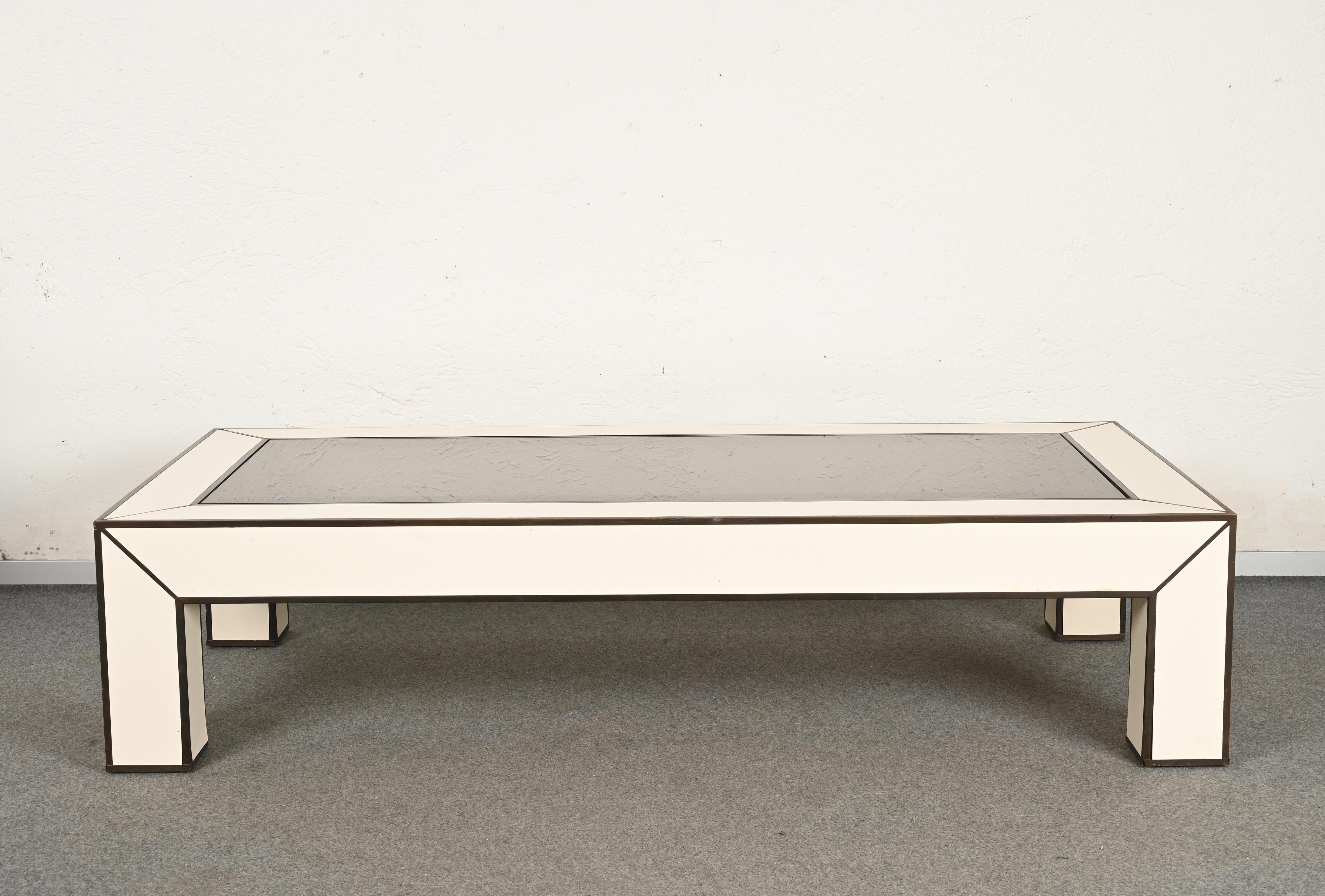 Midcentury Brass and White Formica Italian Coffee Table Willy Rizzo Style, 1970s For Sale 2