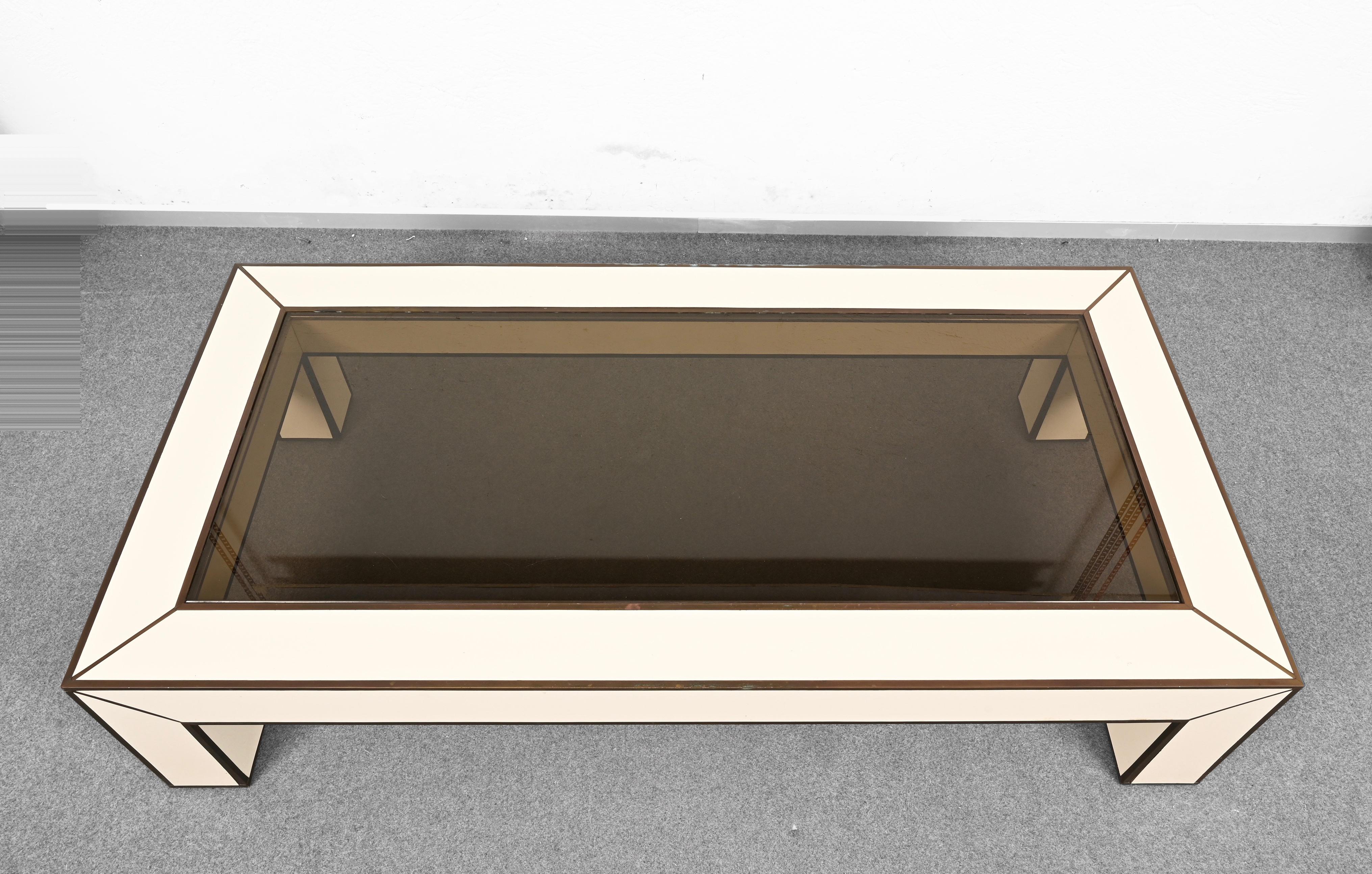 Midcentury Brass and White Formica Italian Coffee Table Willy Rizzo Style, 1970s For Sale 3