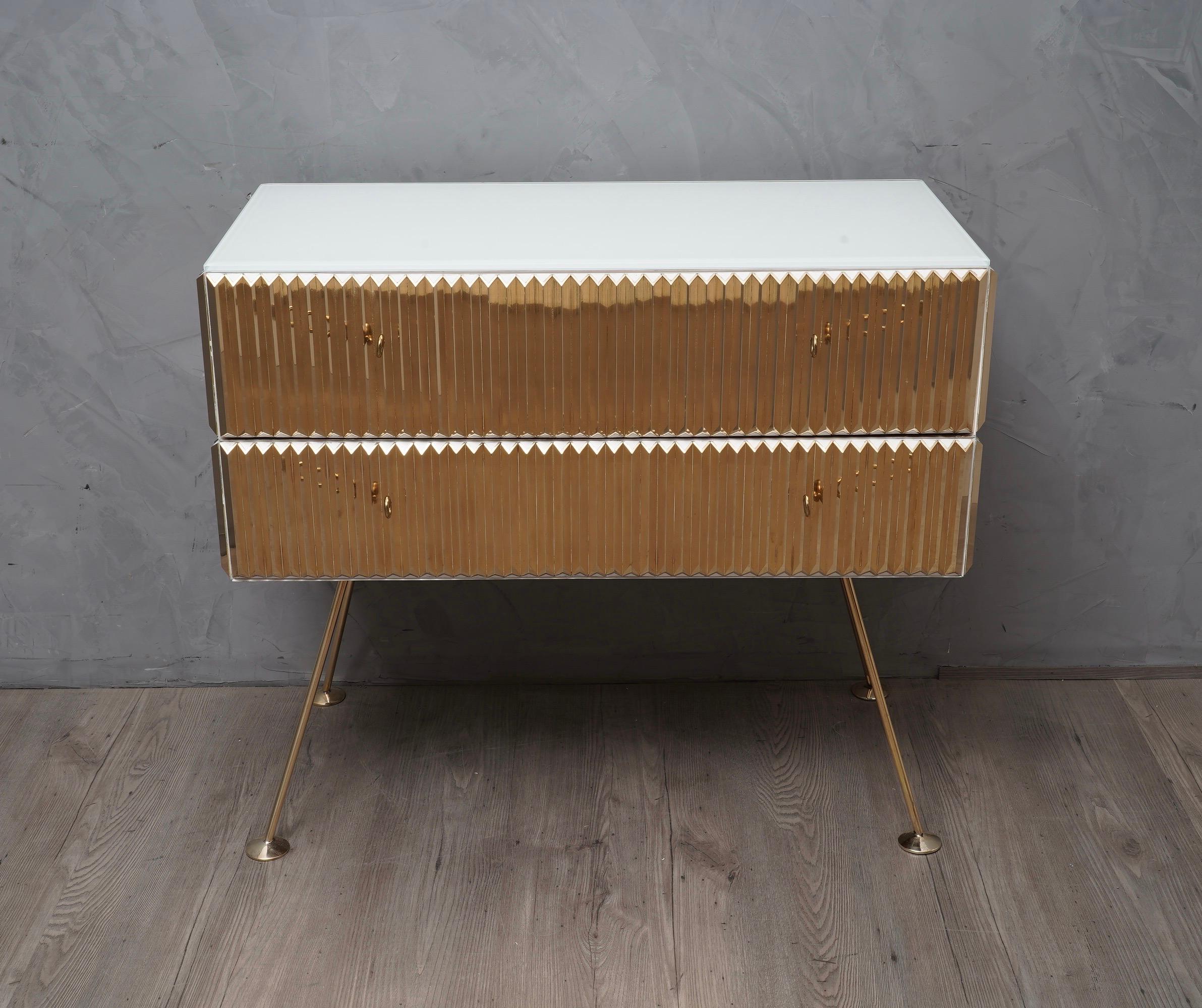 Mid-Century Modern Midcentury Brass and White Glass Commodes, 1980