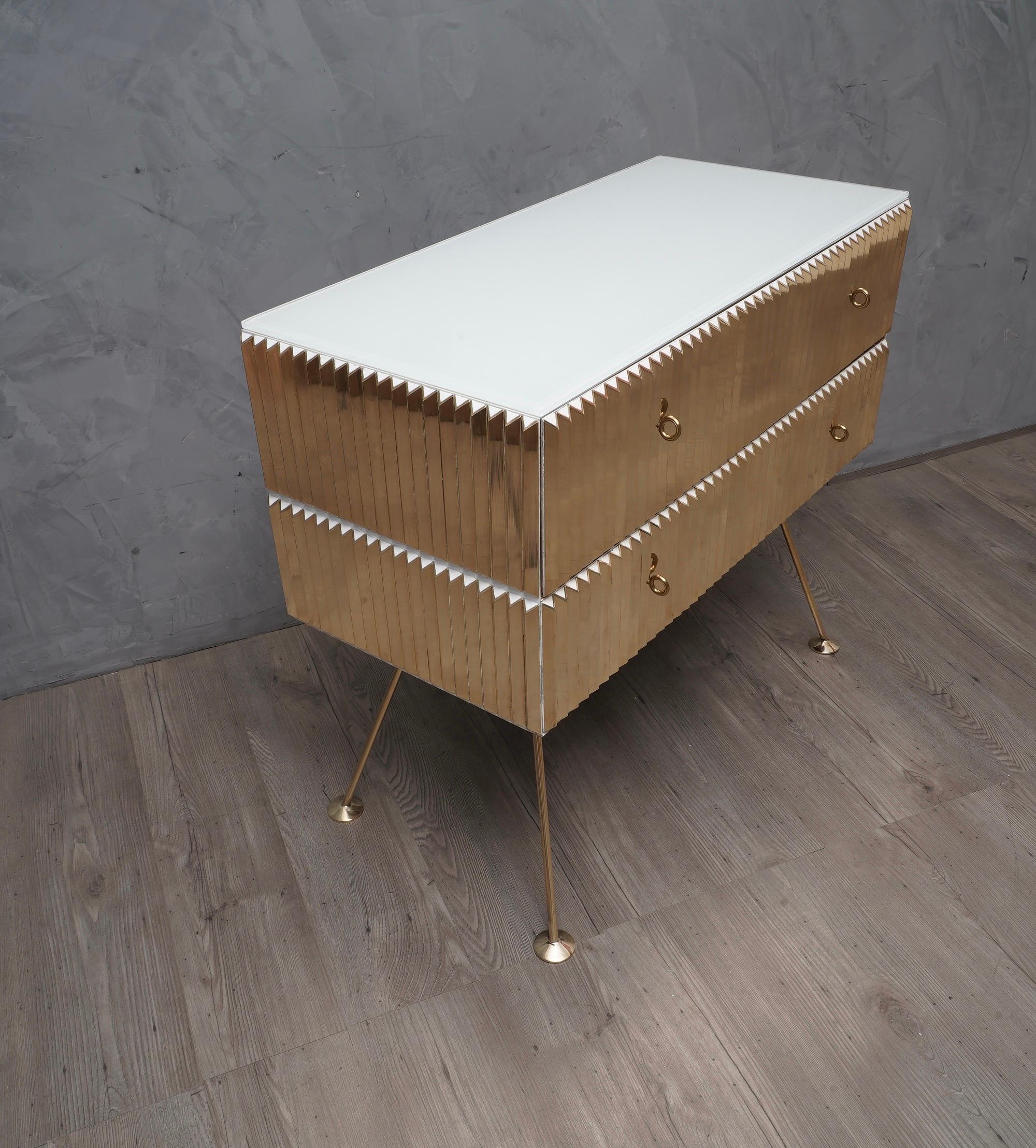 Italian Midcentury Brass and White Glass Commodes, 1980