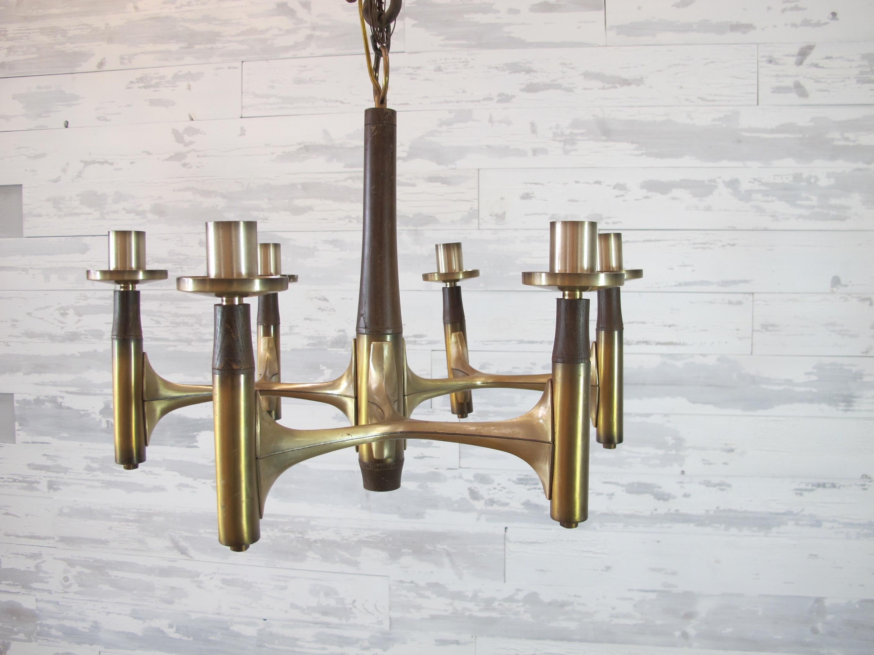 American Midcentury Brass and Wood Chandelier