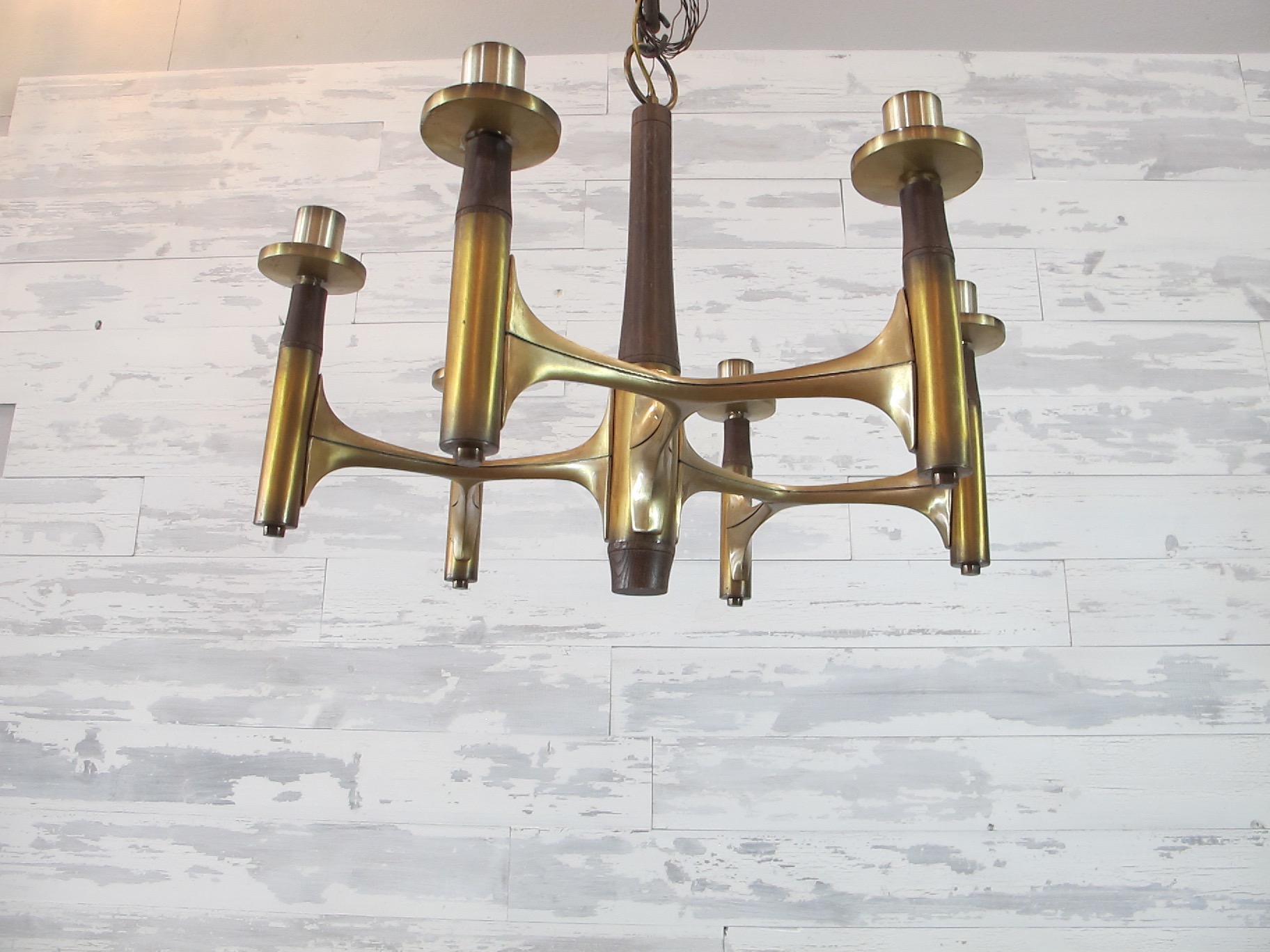 Midcentury Brass and Wood Chandelier In Good Condition In Encinitas, CA