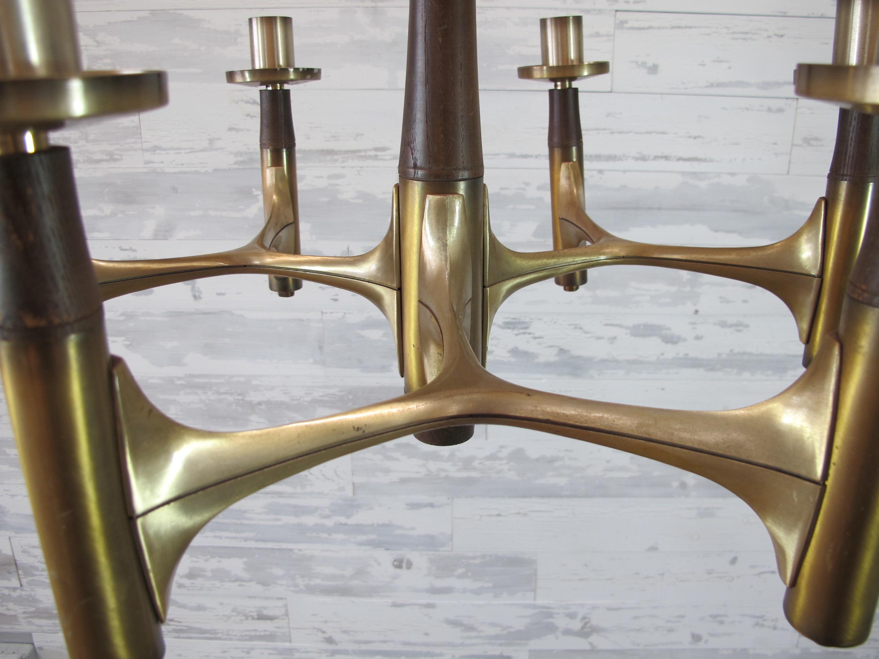 20th Century Midcentury Brass and Wood Chandelier
