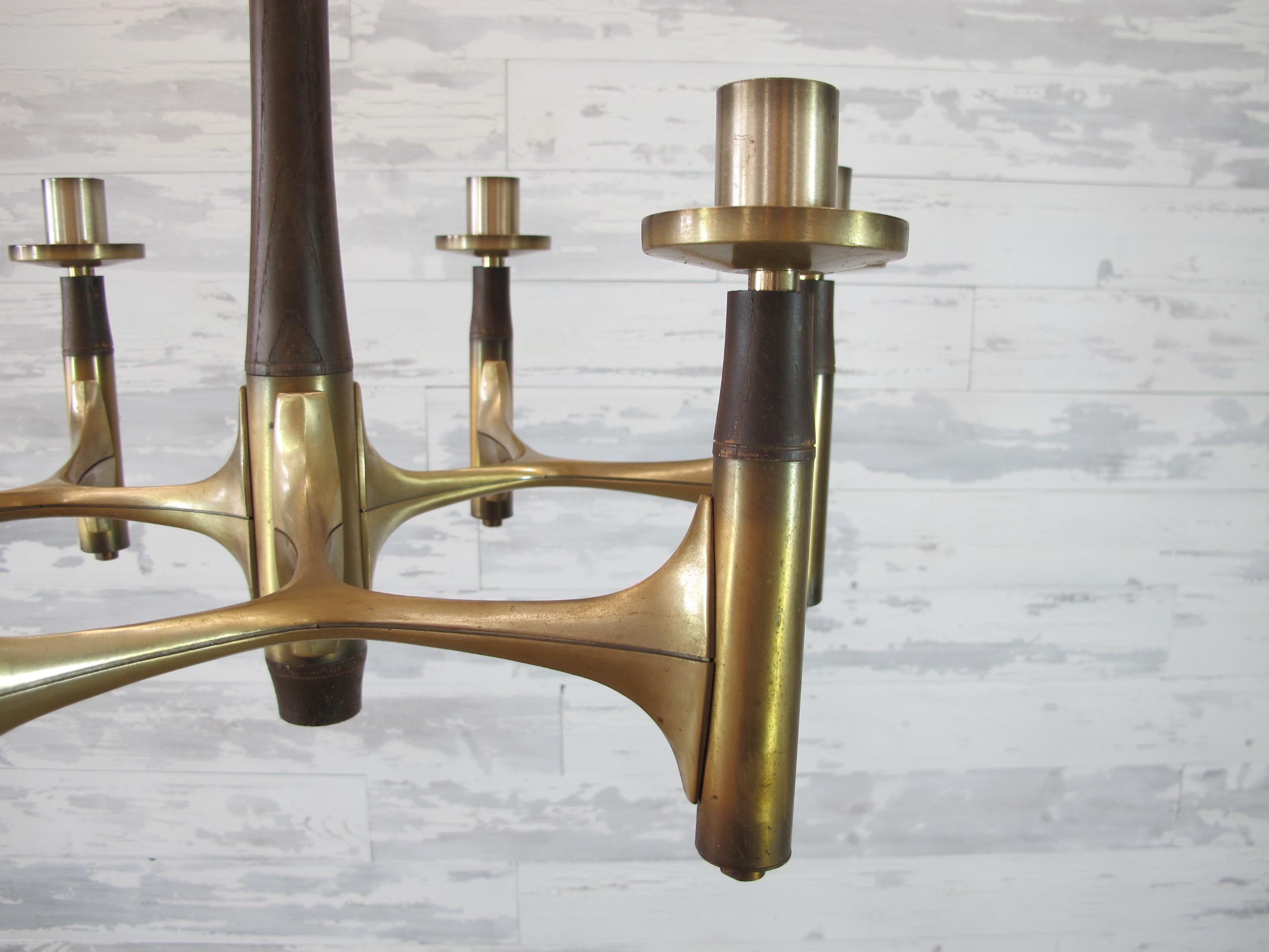 Midcentury Brass and Wood Chandelier 1
