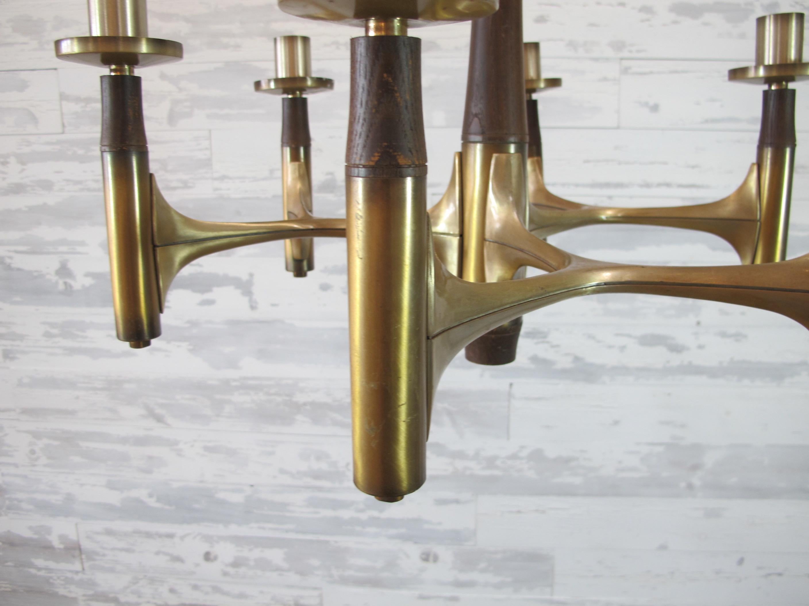 Midcentury Brass and Wood Chandelier 2