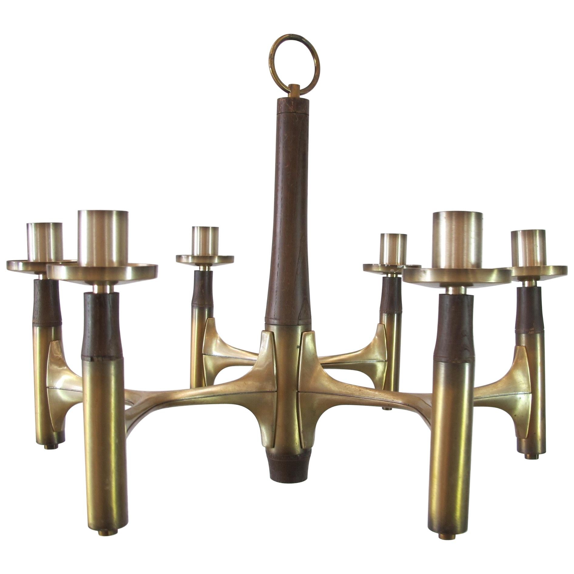Midcentury Brass and Wood Chandelier