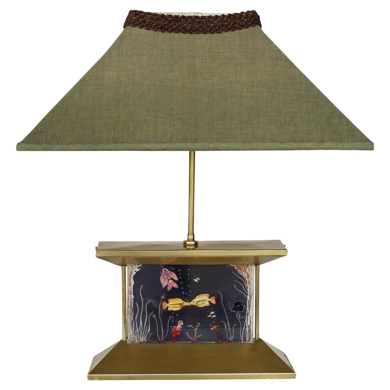 Mid-century Brass Aquarium Light Up Lamp w/ Shade For Sale