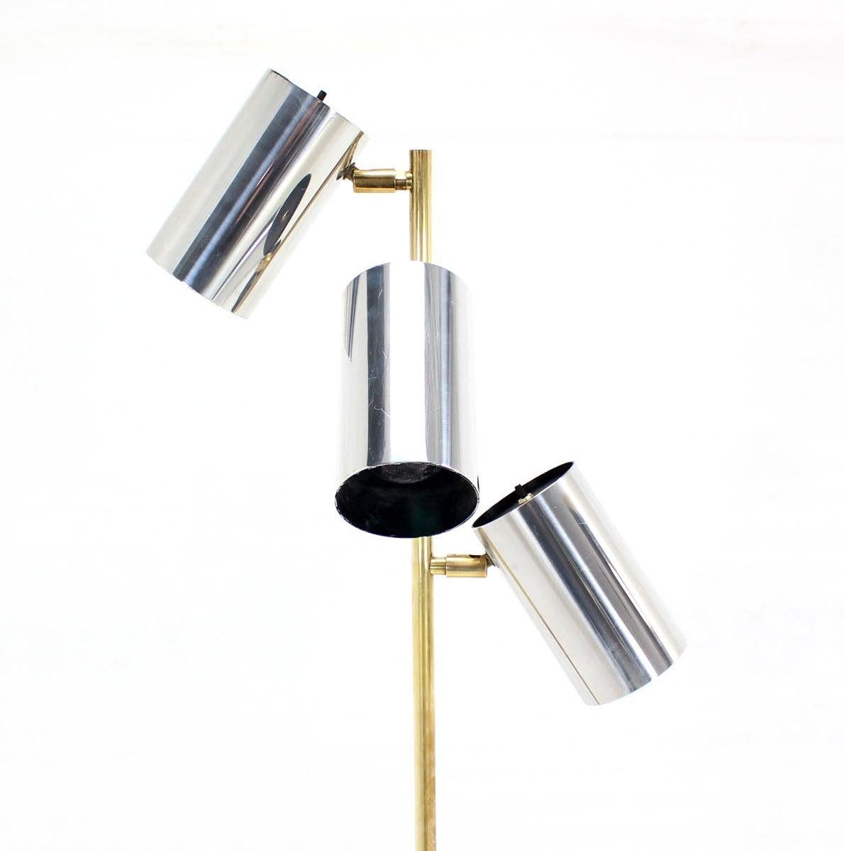 Mid-Century Modern Midcentury Brass Base Tripple Floor Lamp Three Fully Adjustable Chrome Shades For Sale