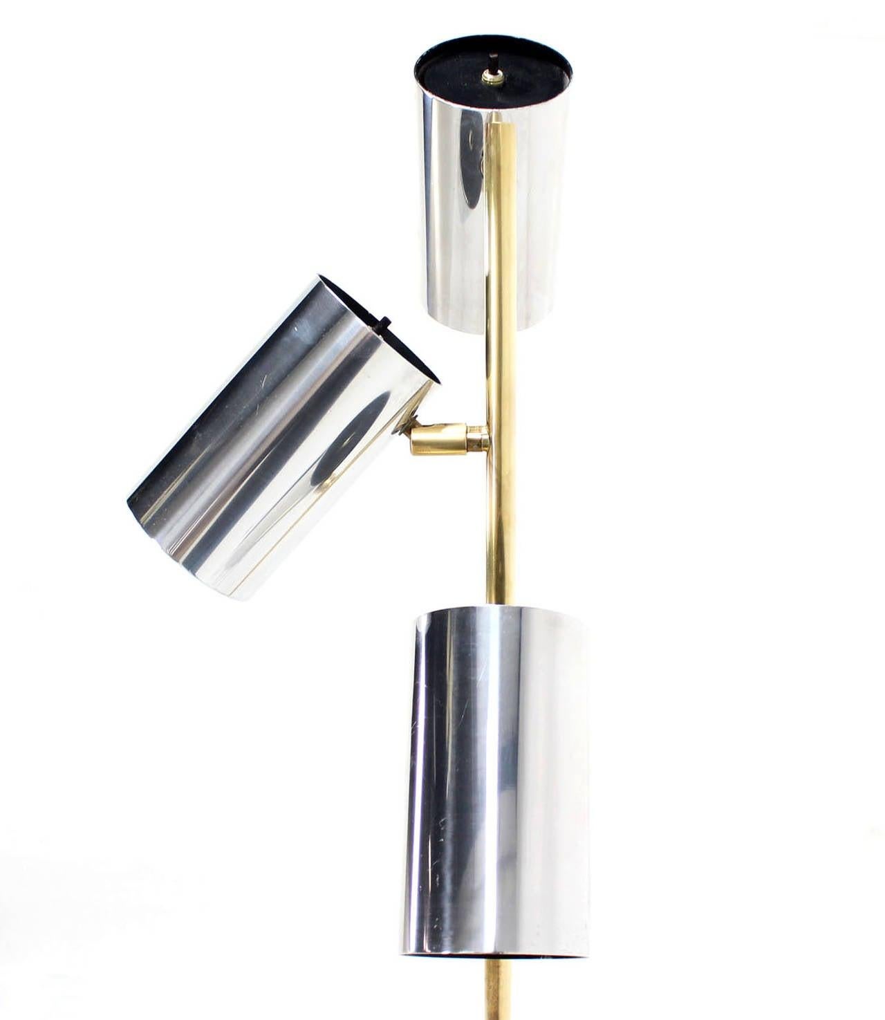 Italian Midcentury Brass Base Tripple Floor Lamp Three Fully Adjustable Chrome Shades For Sale