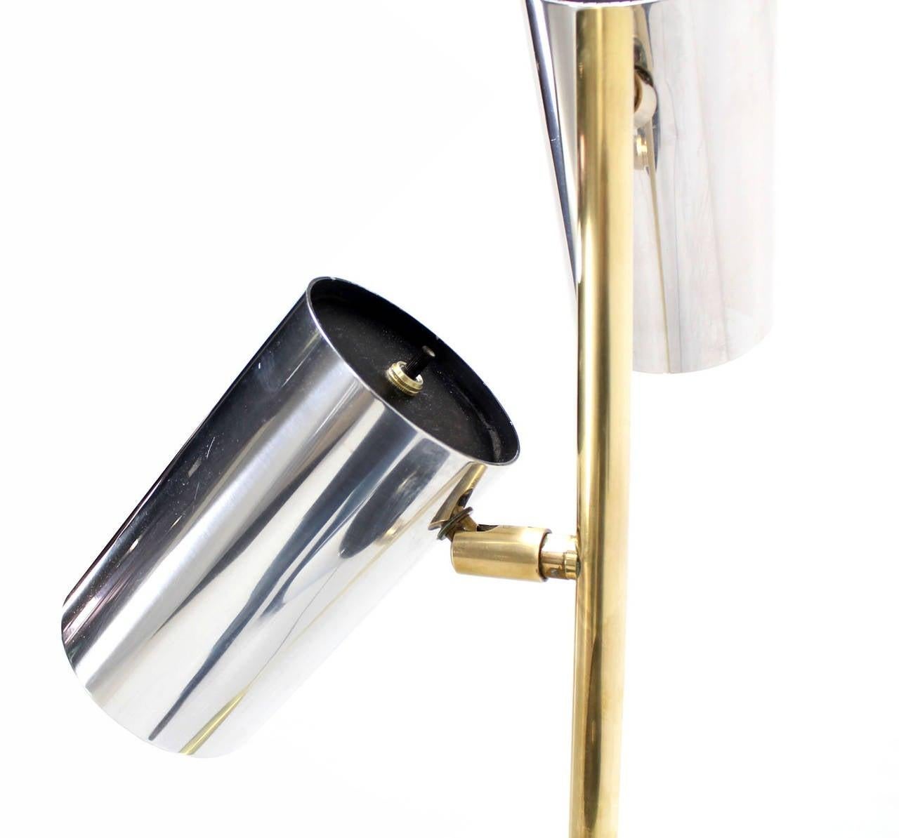 Polished Midcentury Brass Base Tripple Floor Lamp Three Fully Adjustable Chrome Shades For Sale