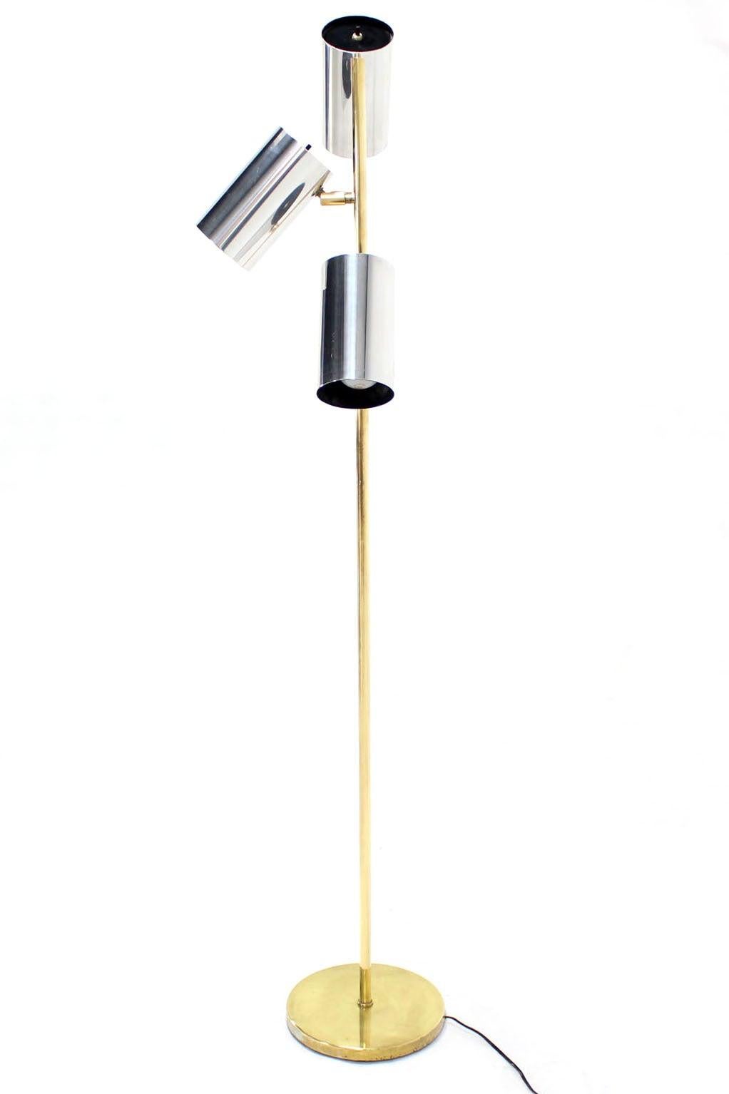 20th Century Midcentury Brass Base Tripple Floor Lamp Three Fully Adjustable Chrome Shades For Sale
