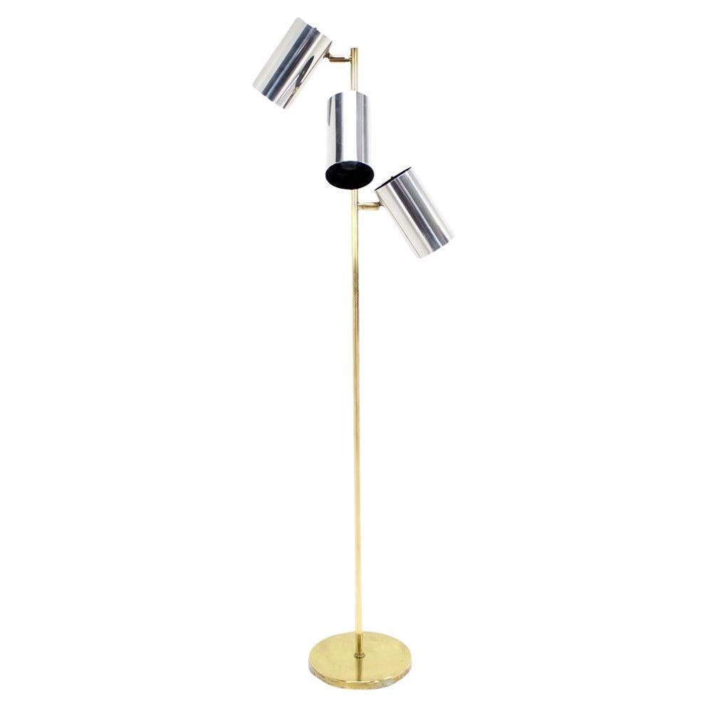 Midcentury Brass Base Tripple Floor Lamp Three Fully Adjustable Chrome Shades For Sale