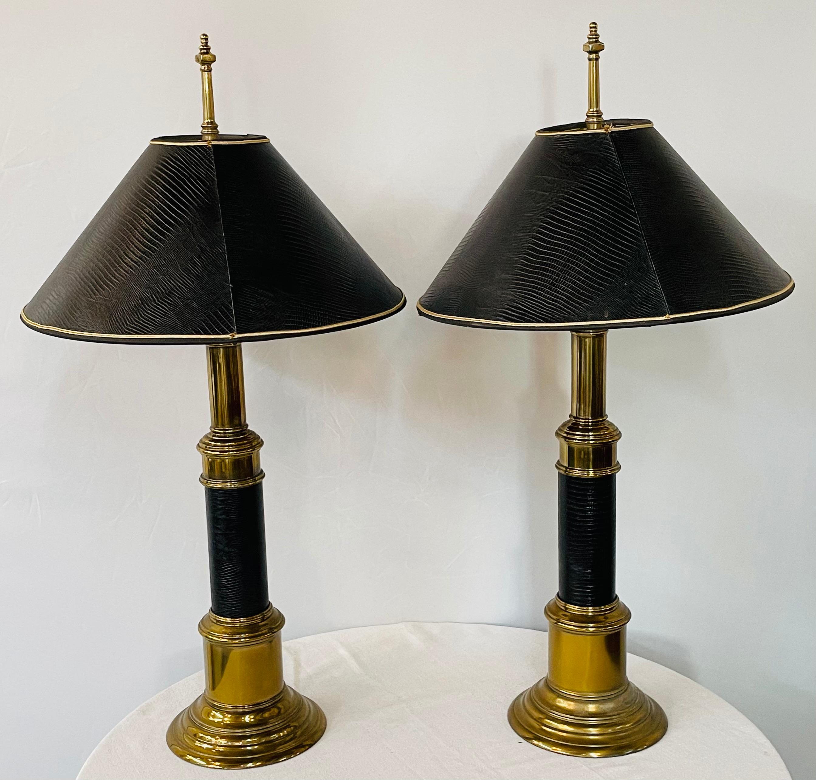 Midcentury Brass & Black Leather Table Lamp Attributed to Stiffel, a Pair 5