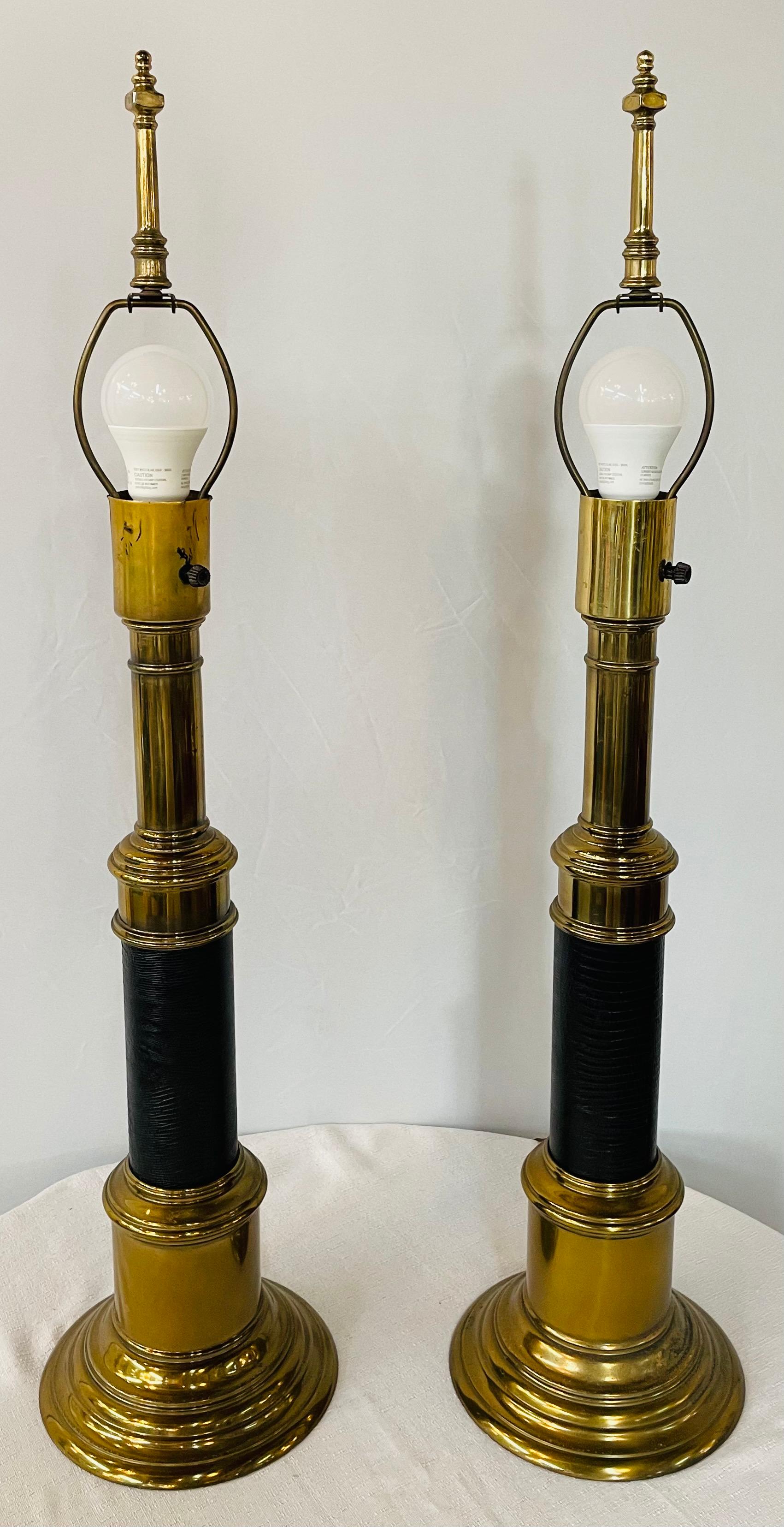 Mid-Century Modern Midcentury Brass & Black Leather Table Lamp Attributed to Stiffel, a Pair