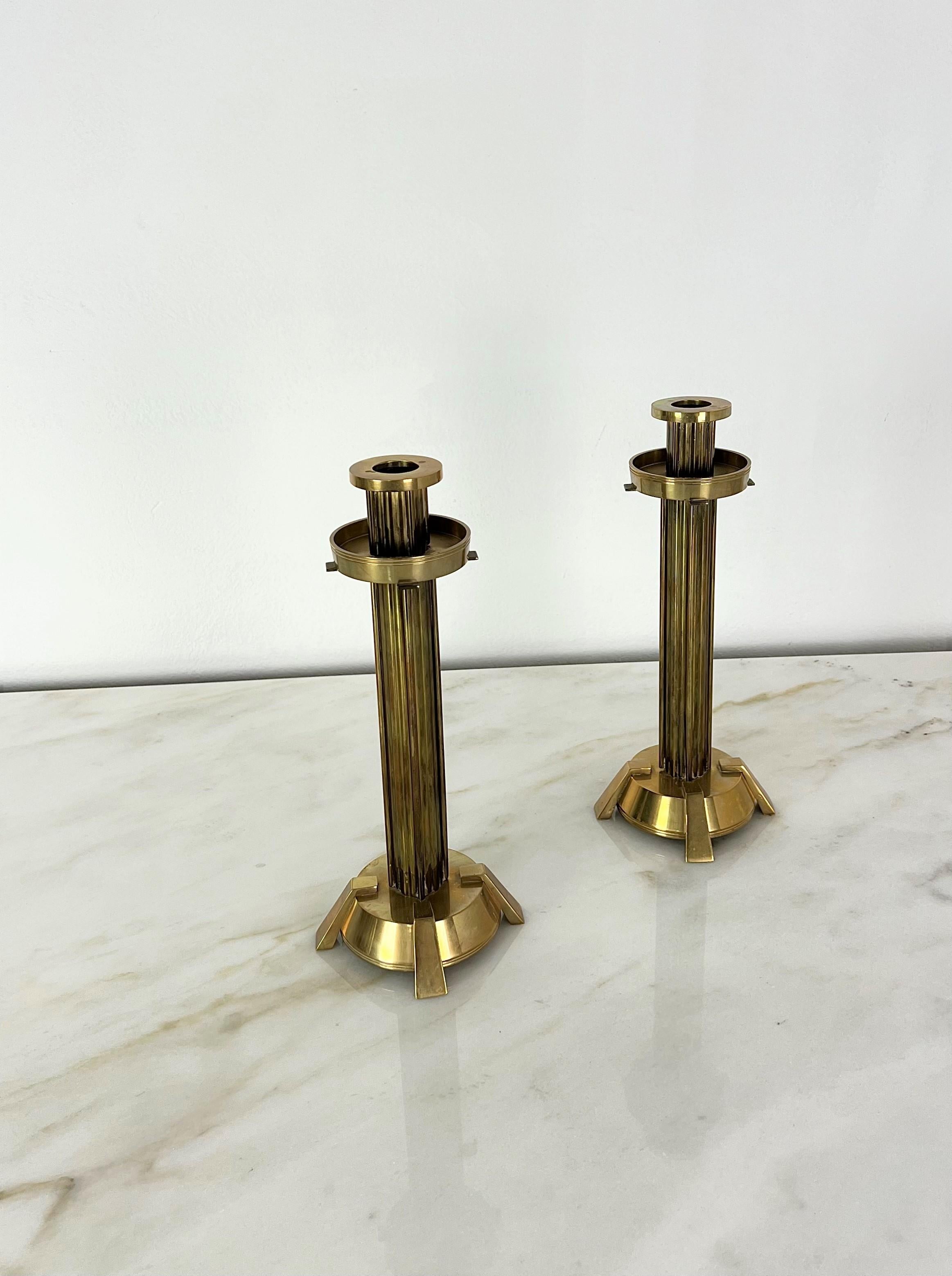Late 20th Century Decorative Object Brass Candelabras Candle Holders Midcentury Italy 70s Set of 4 For Sale